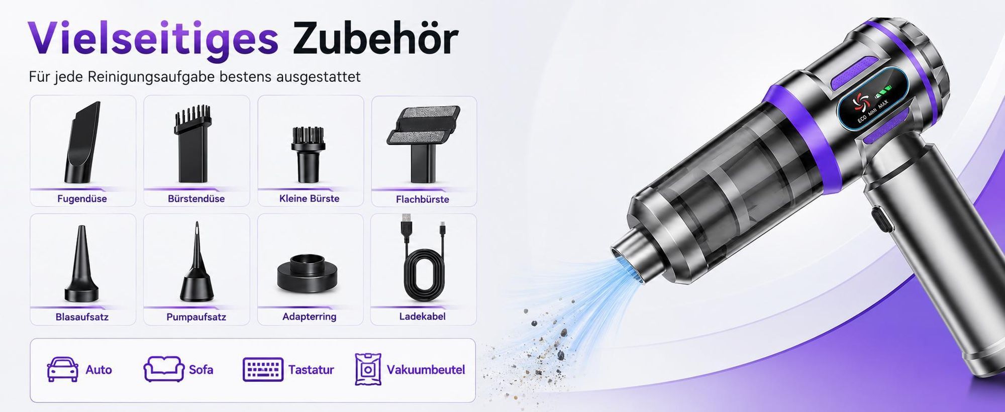 27000Pa/120W Handstaubsauger Akku Kabellos, Upgrade Beutelloser Mini Auto Staubsauger, 4-in-1 Handsauger mit HEPA Filter & 3Stufen,für Auto & Haushalt