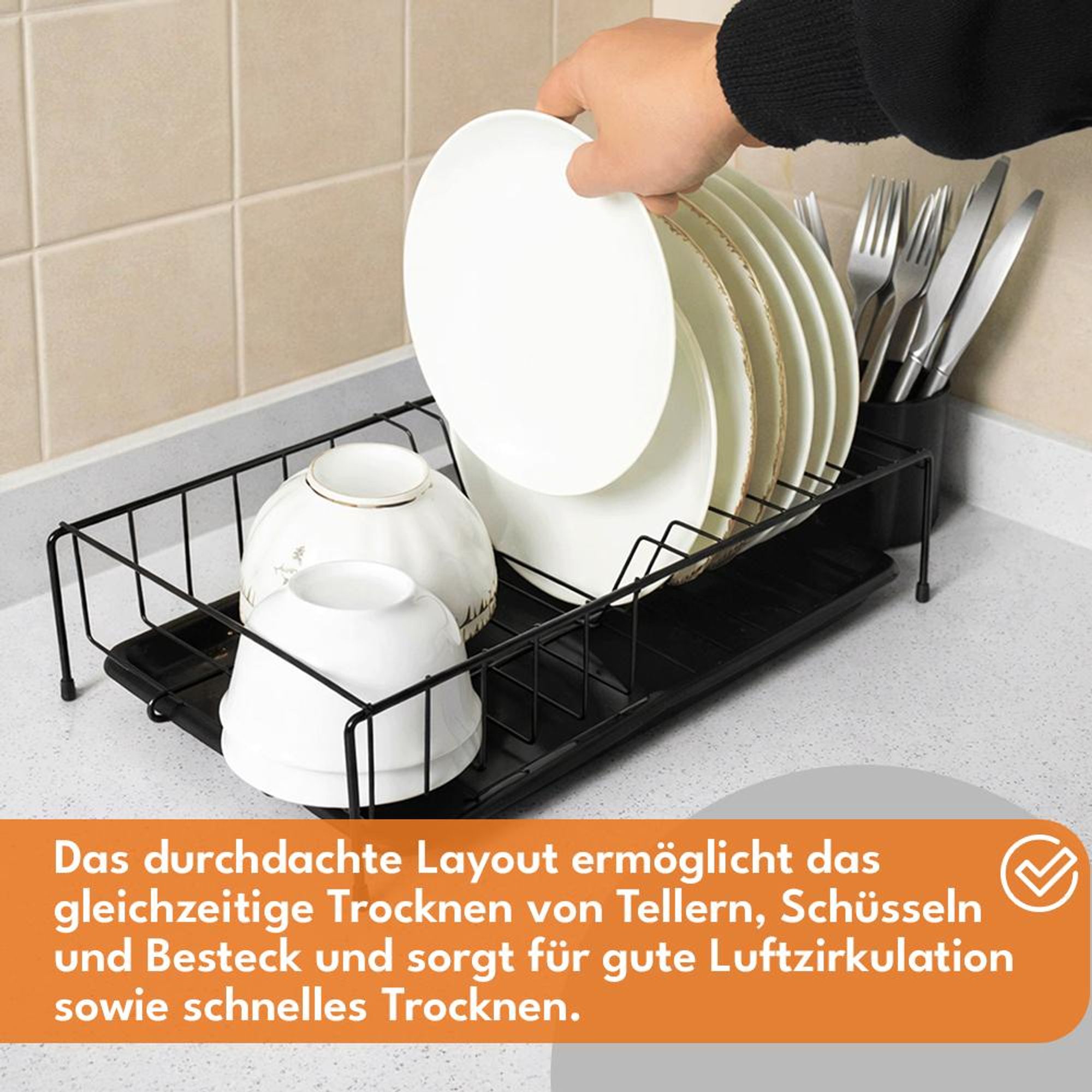 KRUMAD Abtropfgestell für Geschirr, Kompakter Küchen Organizer mit Abtropfbrett, Besteckhalter, Platzsparend für Spülbecken, Tragfähigkeit, Schwarz
