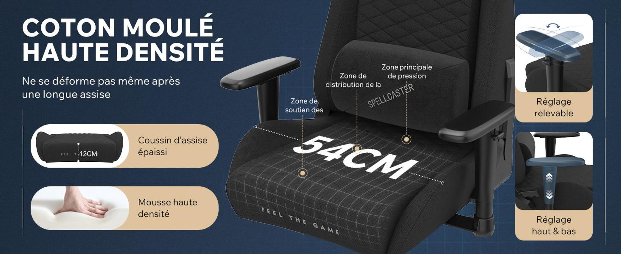 SENSE7 Spellcaster SENSHI Fauteuil gaming en tissu noir - Fauteuil de bureau ergonomique, fauteuil de bureau, fauteuil gaming, charge maximale 150 kg, accoudoirs 2D, fauteuil de direction