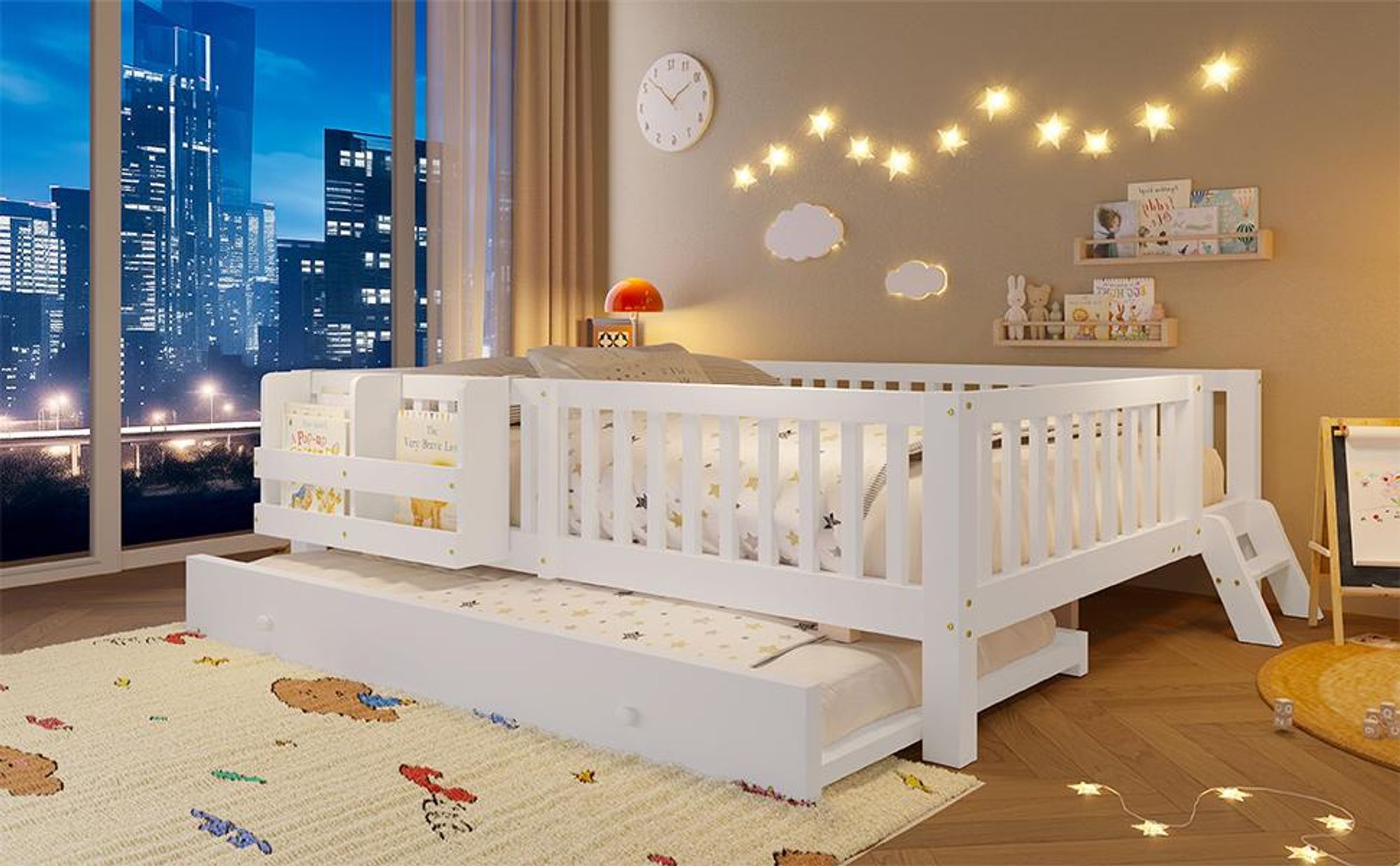 Merax 140x200 cm Kinderbett, Plattformbett mit Ausziehbett, Tagesbett mit Bücherregal, Massivholz Kinderbett, Jugendbett Gästebett, Flachbett, Weiß