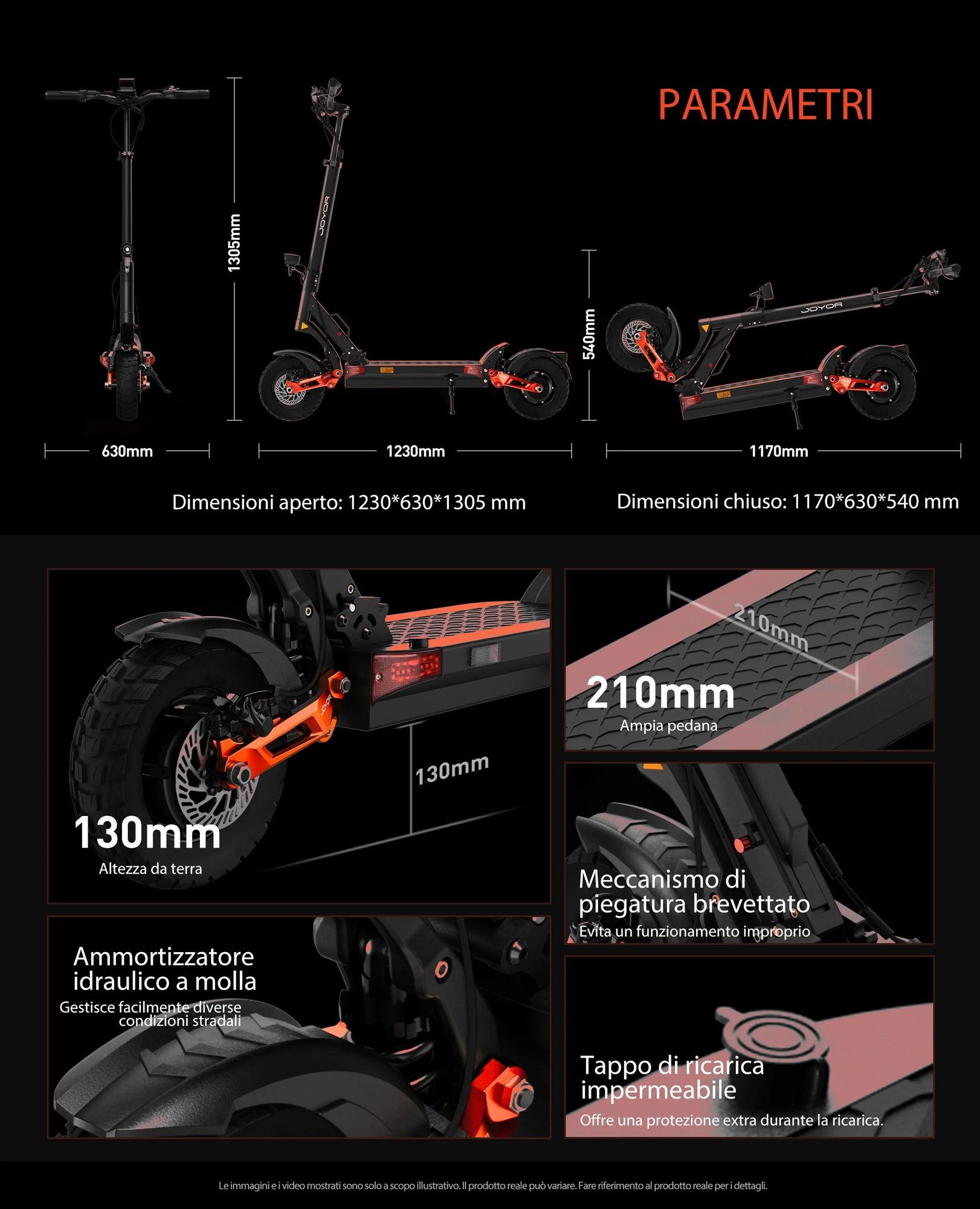 JOYOR T10 Pieghevole Monopattino Elettrico - 2x1000W Motor 60V18AH Batteria Pneumatici da 10 Pollici Freni a Disco Idraulici - Nero