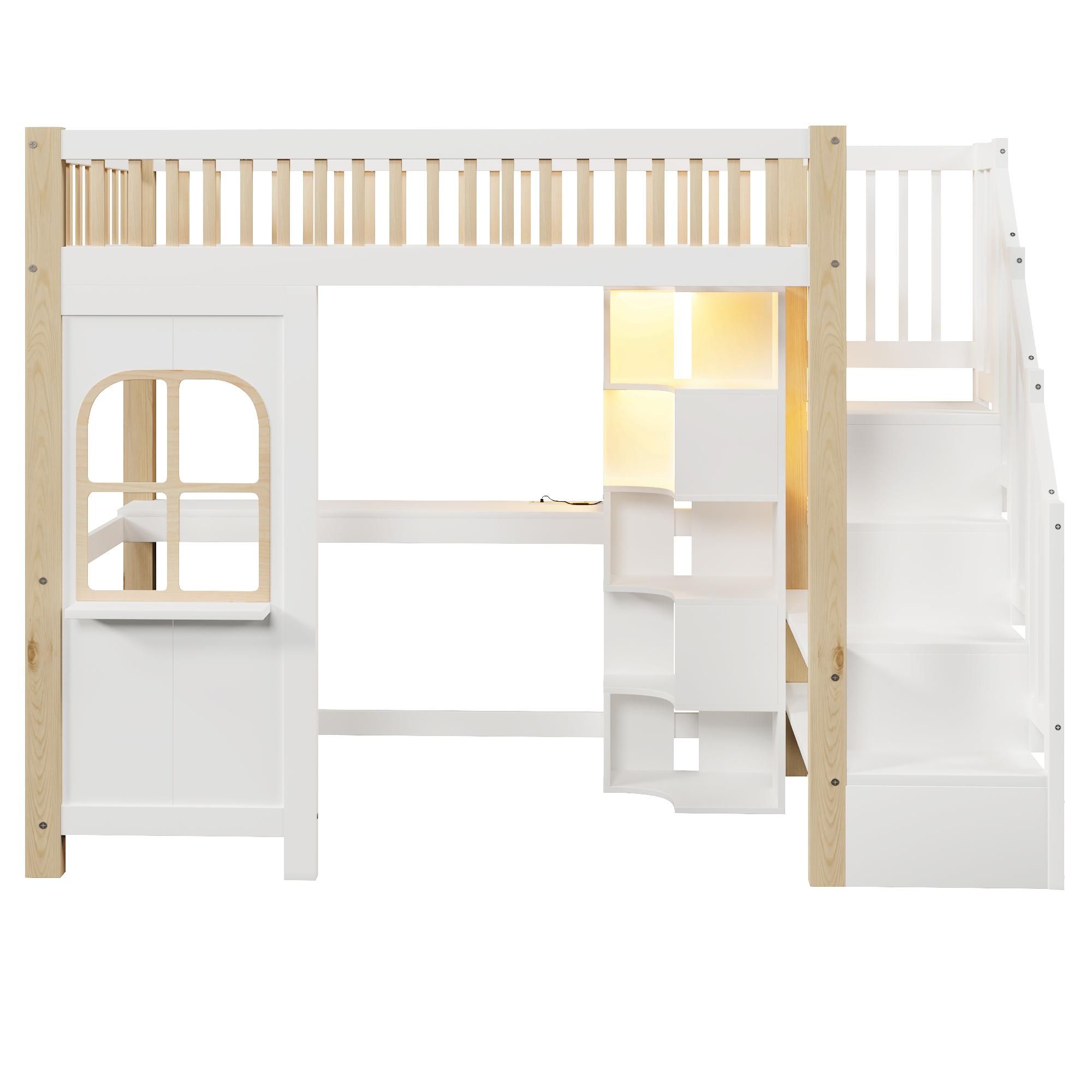 Flieks Etagenbett 90x200cm mit Schreibtisch und Ladefunktion, Kinderbett Hausbett mit Regal, Hochbett Einzelbett mit Led, Stockbett Naturbelassen