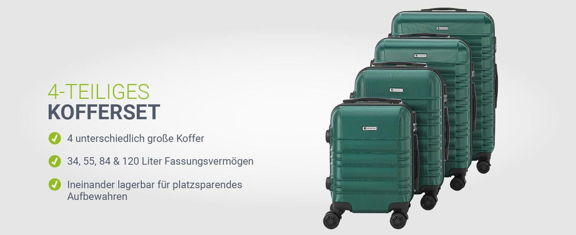 Juskys Hartschale Kofferset Reisekoffer 4 teilig - Zahlenschloss, geräuscharme 360° Rollen groß, Teleskopgriff, leicht - Koffer in Dunkelgrün