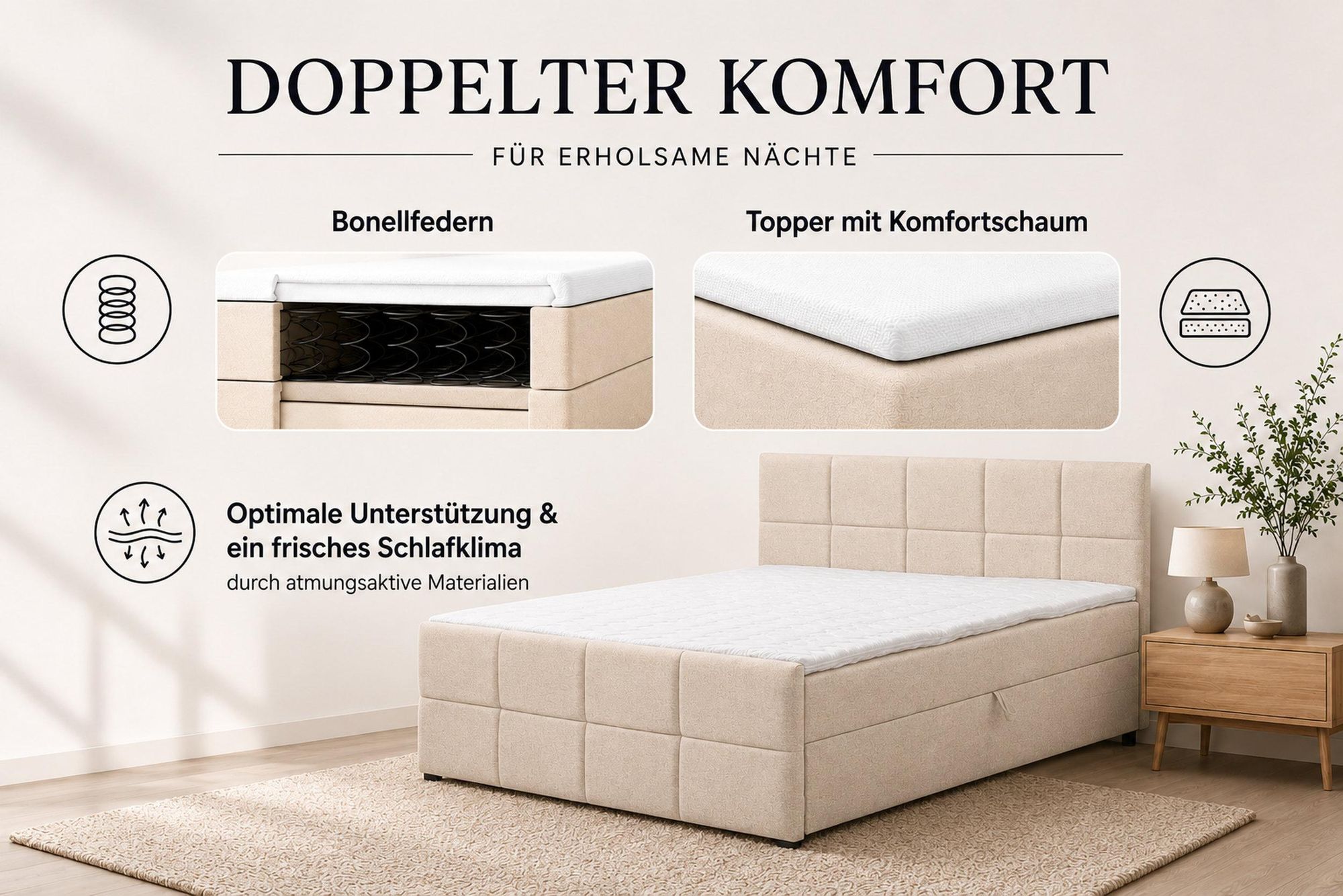 VENASI Boxspringbett 160x200 mit Bettkasten, Doris Doppelbett Beige Velourstoff