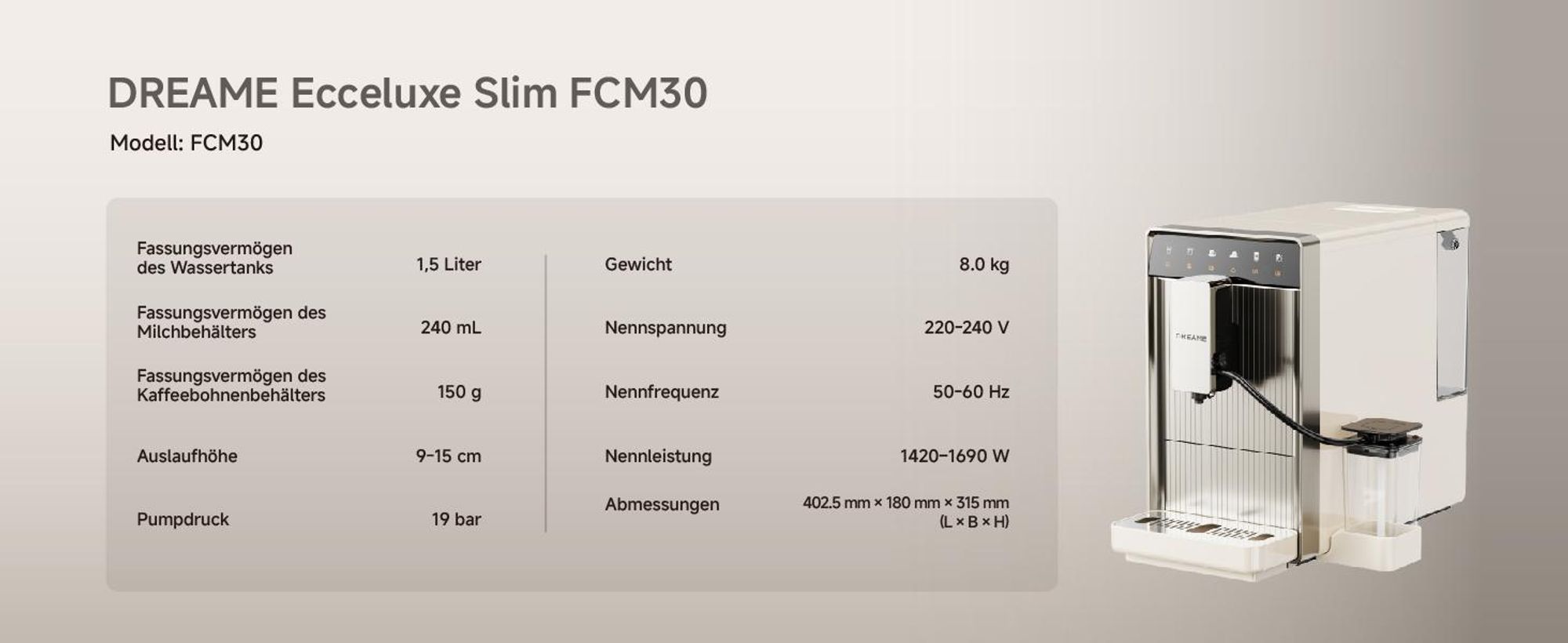 Dreame Ecceluxe Slim FCM30 Espressomaschine,kompakte Größe,erstklassiger Geschmack,Komplettreinigung,Ein-Knopf-Touchscreen,fünf Kaffeespezialitäten