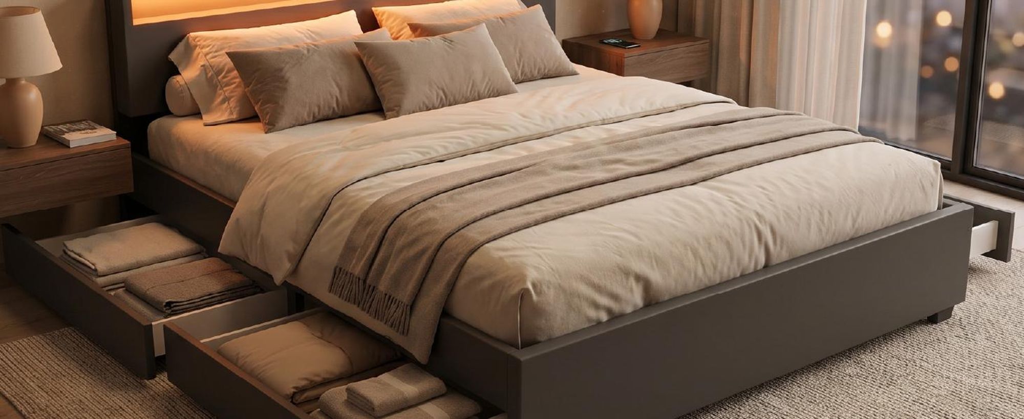 Juskys Polsterbett Lyon 180 x 200 cm grau – Bettgestell mit Lattenrost, Bettkasten & LED Beleuchtung  – Kunstleder & Holz – Bett Doppelbett