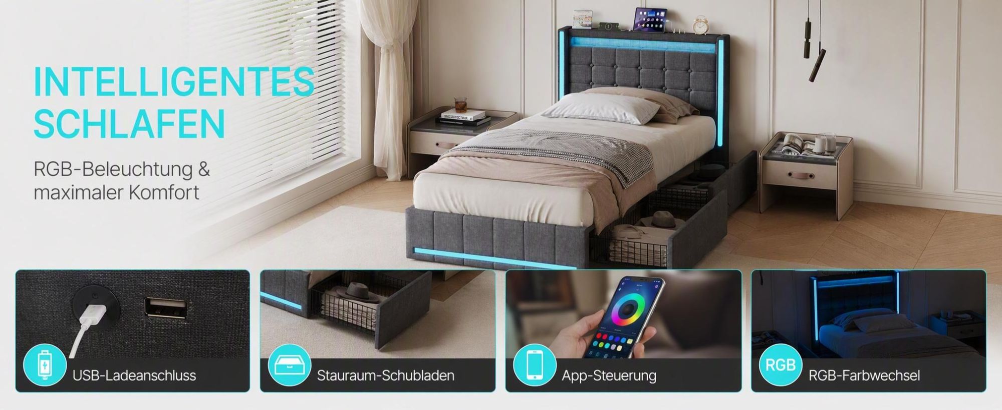 INONEFT Boxspringbett 90x200 mit 2 Schubladen, LED & USB-C – Jugendbett,Polsterbett Einzelbett mit Lattenrost,Funktionsbett Bettgestell,Leinen, Grau