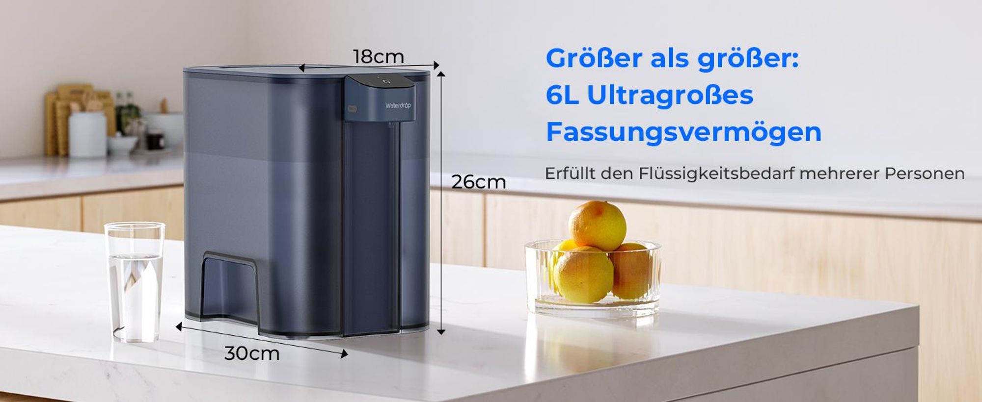 Waterdrop Mega Sofortiger Elektrischer Wasserfilterkrug mit 4 Filter, 6L Wasserfilterkannen, Reduziert Chlor, Blei, Quecksilber, 757 Liter, Blau