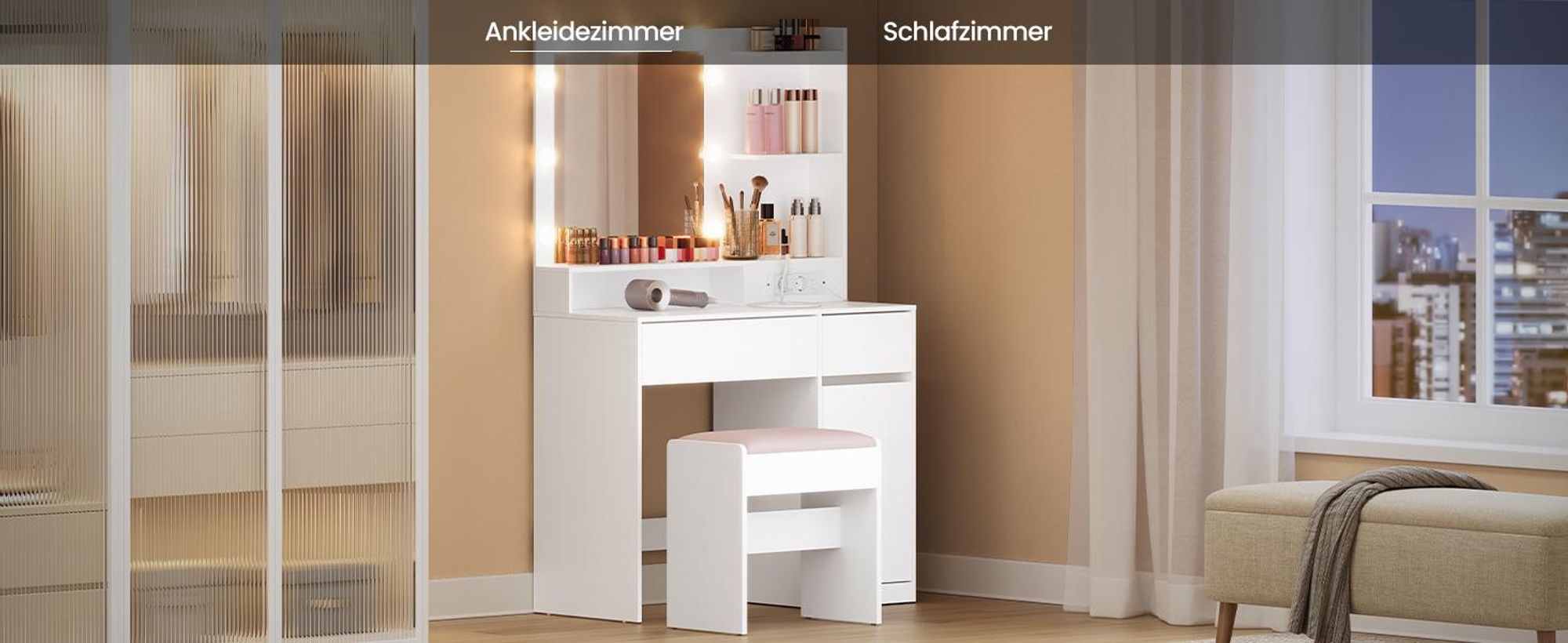 VASAGLE Schminkkommode, mit Spiegel und Beleuchtung, Ladestation, 2 Schubladen, werkzeuglose Gleitschienen, weiß