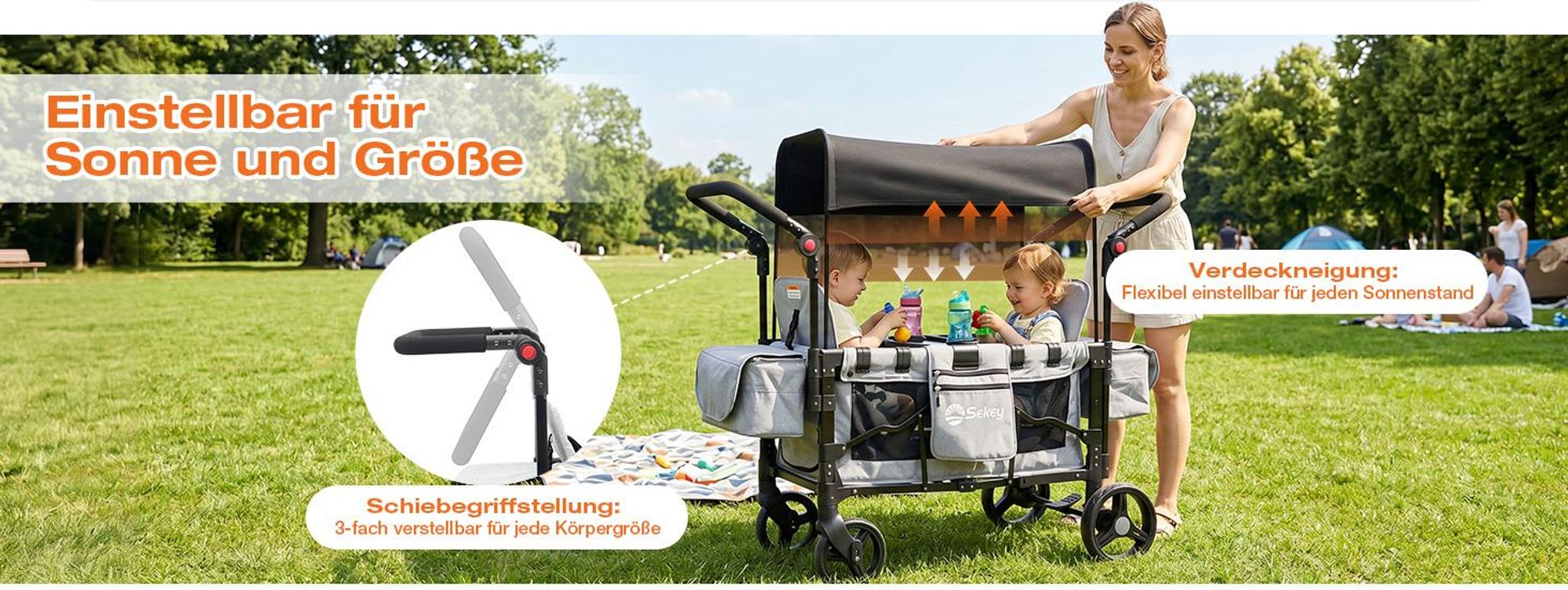 Sekey Bollerwagen Faltbar mit Dach Zwillingsmodus Kinderwagen Doppelsitz mit 2x 5-Punkt-Gurtsystem, Grau