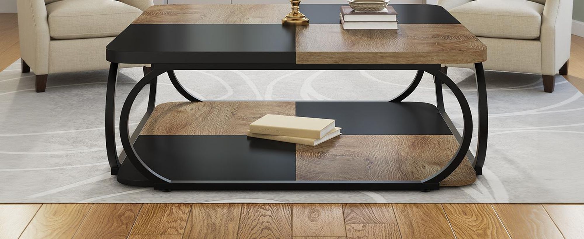 Tribesigns quadratischer Couchtisch,100 cm großer Holztisch, 2-stufiger niedriger Couchtisch Landhausstil mit Metallgestell, Schwarz/Hellbraun