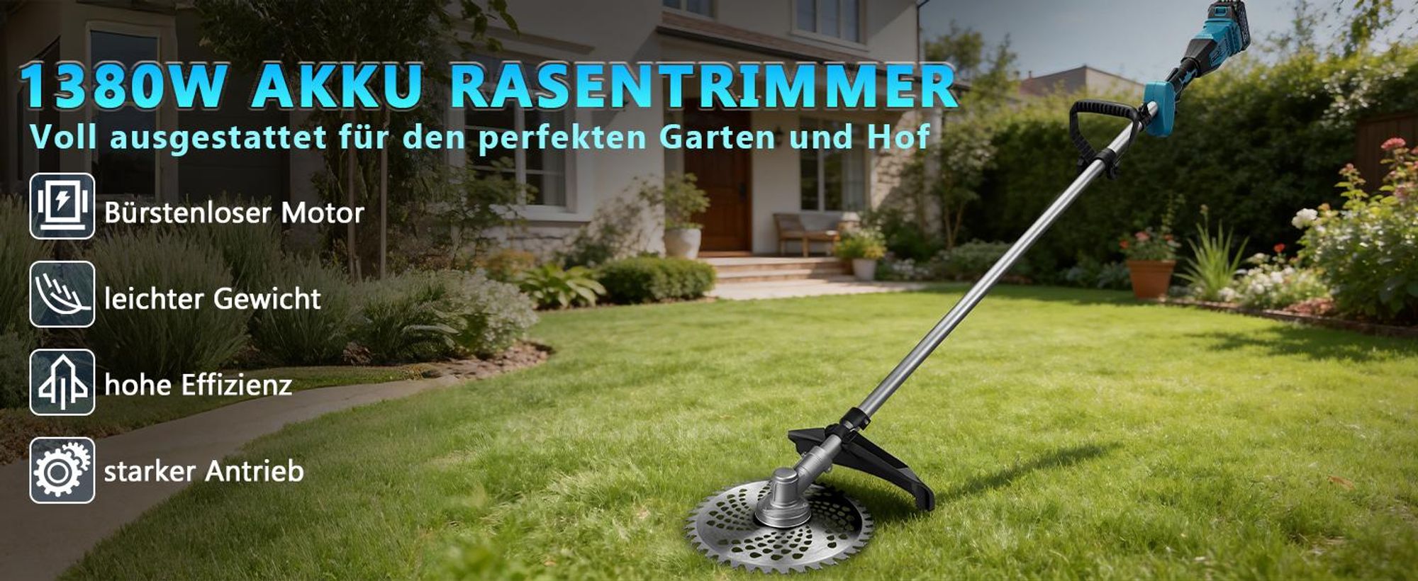 1380W Akku Rasentrimmer mit 2×4.0Ah Akku 18V, 168cm Teleskop Freischneider mit 7 Klingentypen Unkrautbürste Motorsense 18800U/min Bürstenloser Motor