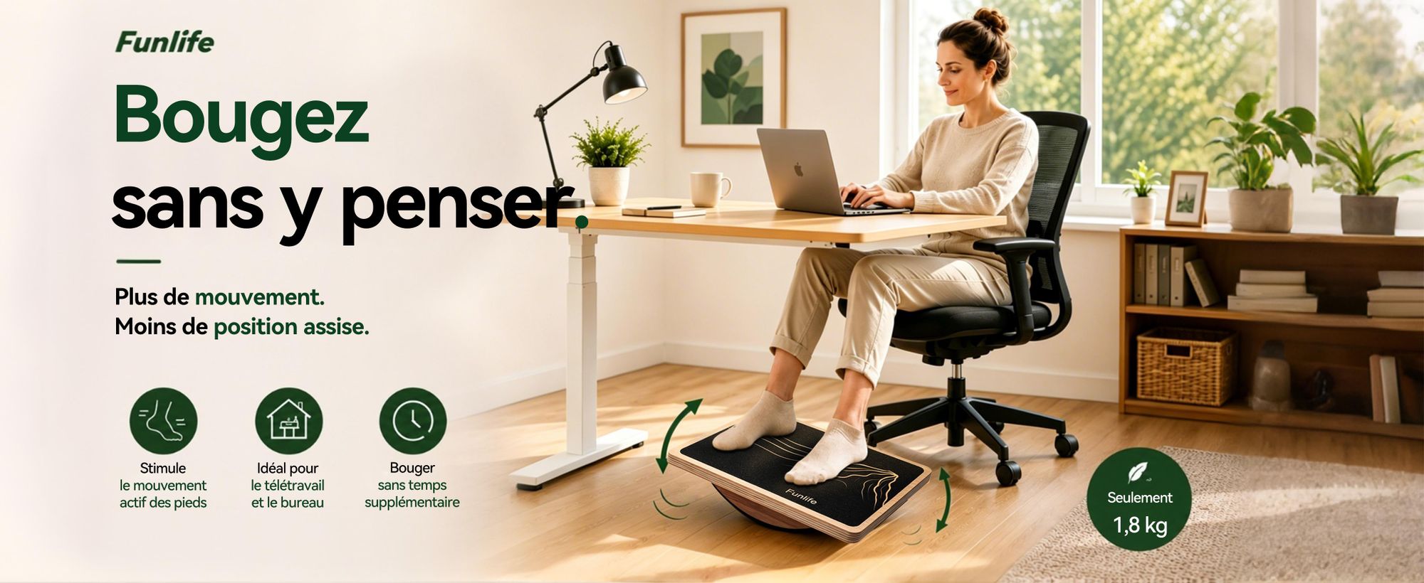 FunLife : planche d'équilibre en bois pour l'entraînement, améliore l'équilibre et la coordination, idéale pour le télétravail, antidérapante, dimensions 43 x 33 cm, capacité de charge jusqu'à 159 kg