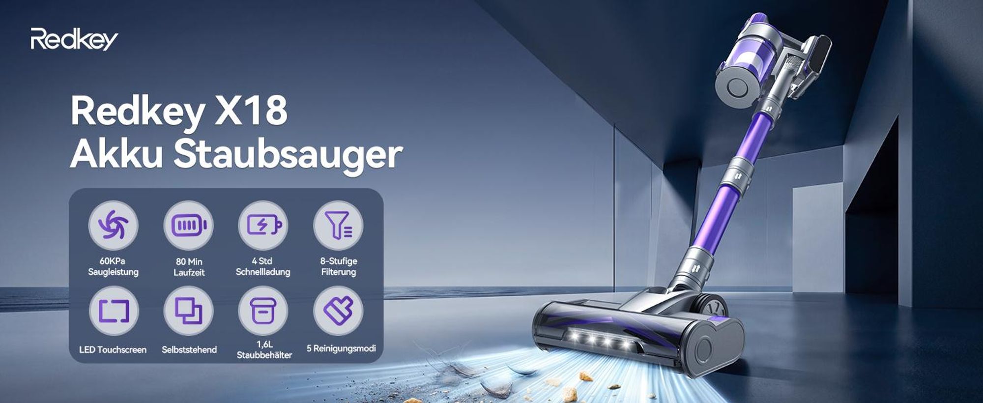 2026 Kabelloser SmartAI Staubsauger Redkey X18,60KPa 500W 80 Min,8-in-1 Multifunktion mit LED,Intelligenter Automatikmodus,ideal für Tierhaarea