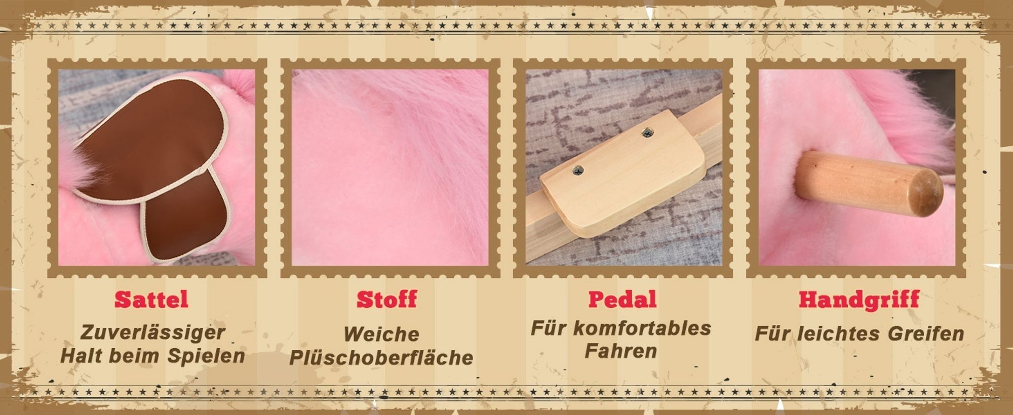 HOMCOM Kinder Schaukelpferd Baby Schaukeltier Pferd mit Tiergeräusche Spielzeug Haltegriffe für 36-72 Monate Plüsch Rosa 65 x 32,5 x 61 cm