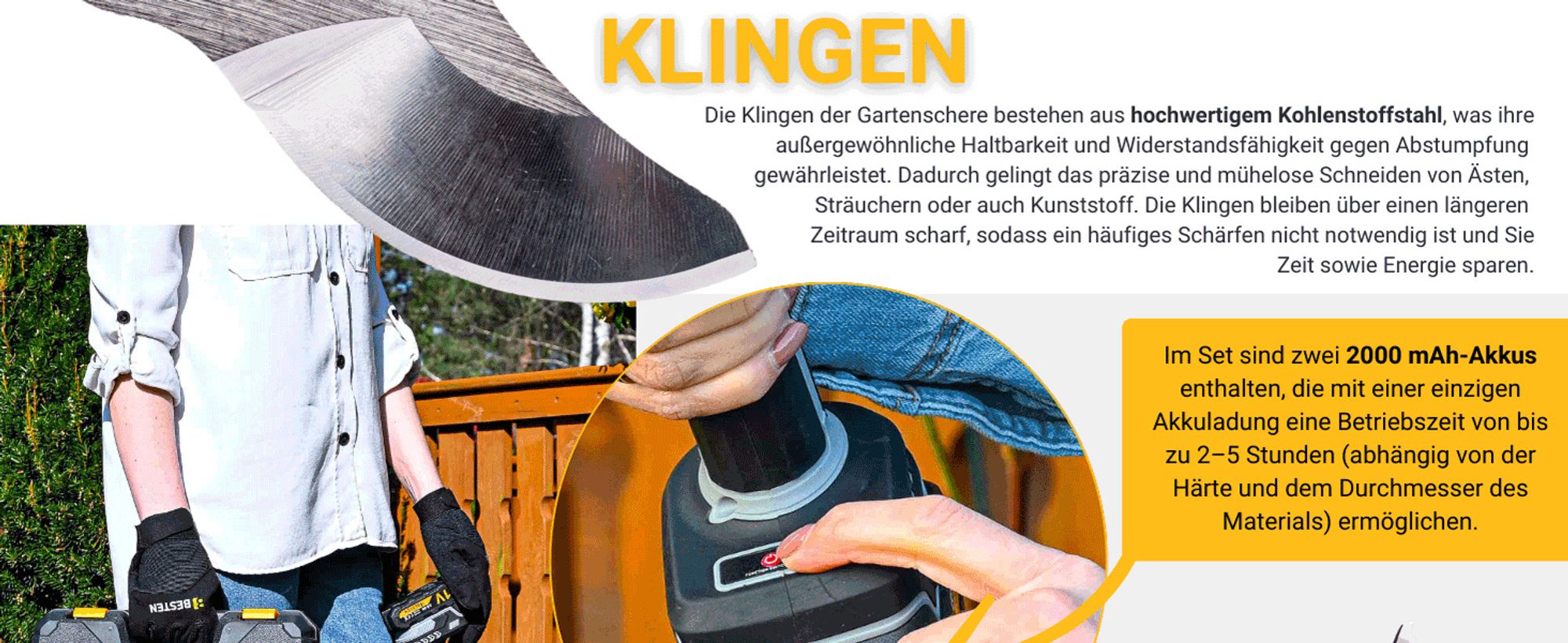 BESTEN Elektrische Astschere Akku-Gartenschere 2Xaku 2,0Ah