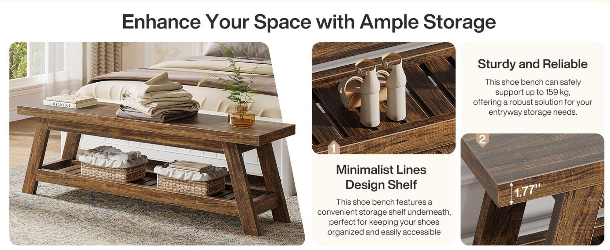Banc de 140 cm avec espace de rangement pour chaussures, grande banquette en bois, banc étroit à deux niveaux, de style rustique, idéal pour un couloir, une cuisine ou une entrée
