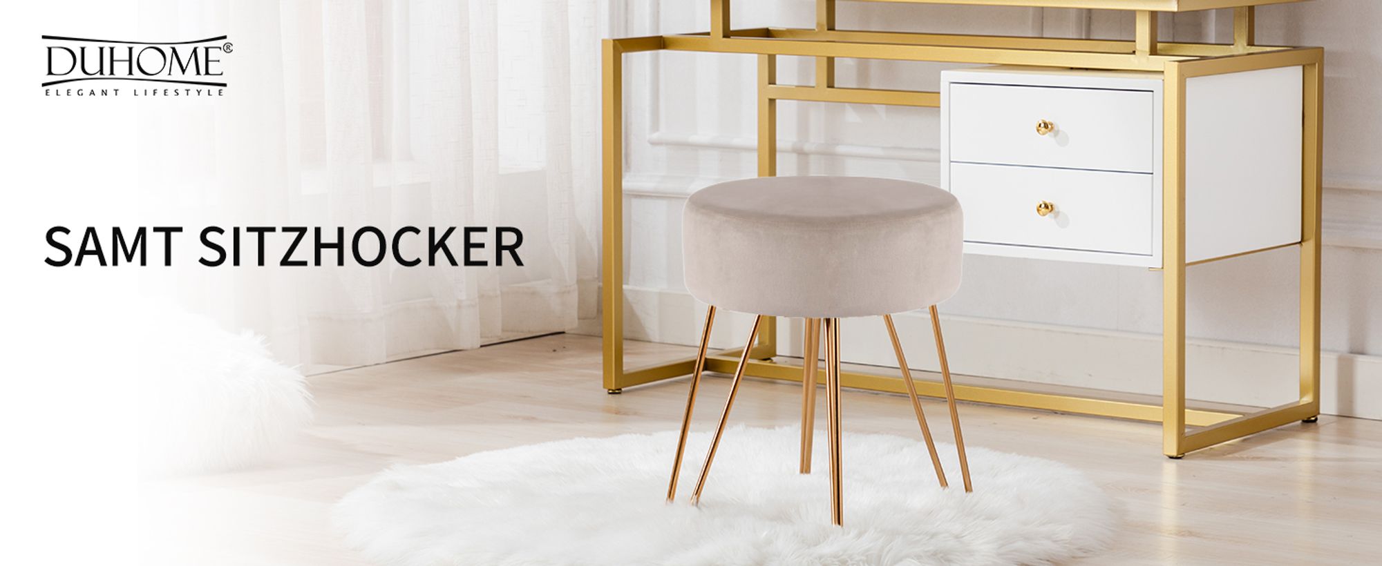 Duhome Sitzhocker Rund Polsterhocker aus Samt Hocker Schminktisch mit Metallbeine, Khaki
