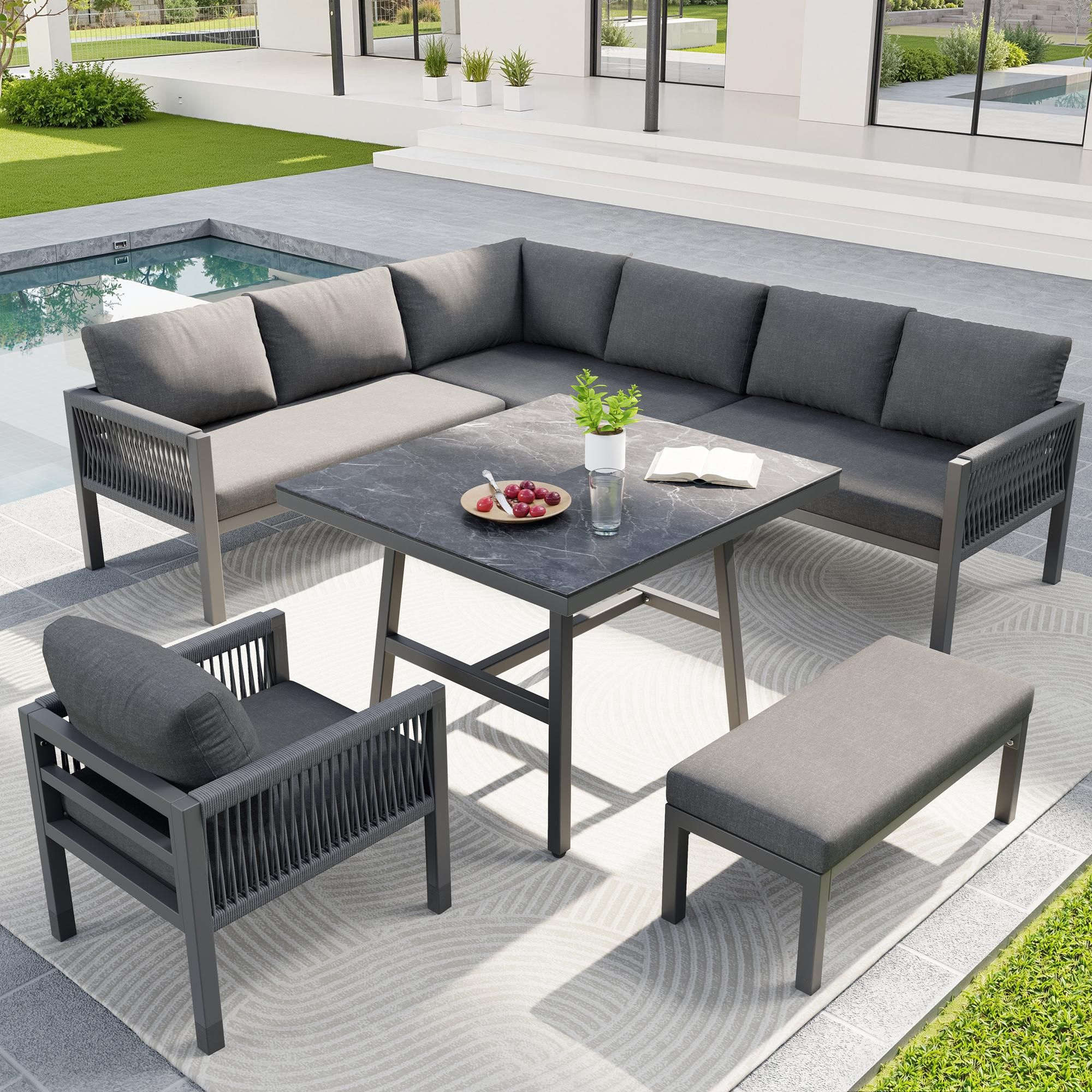 Flieks Gartenlounge-Set 6-tlg. aus verzinkter Stahlrahmen, Gartenmöbelset 8-9 Personen, Glastisch mit Marmoroptik, Terassenmöbelset Seil, Grau