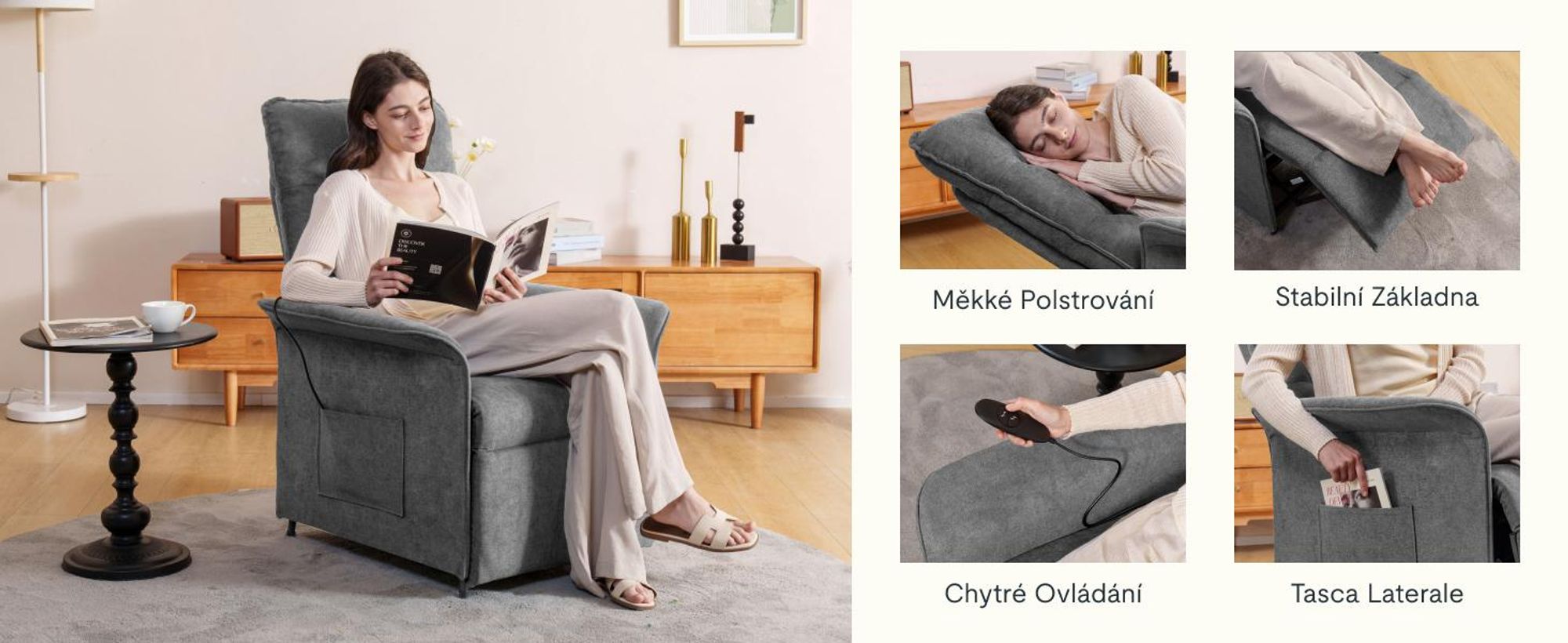 Elektrické polohovací křeslo FLEXISPOT s funkcí naklápění 105°-155°, nastavitelné TV a polohovací křeslo do obývacího pokoje, opěrka zad a nohou (světle šedá)