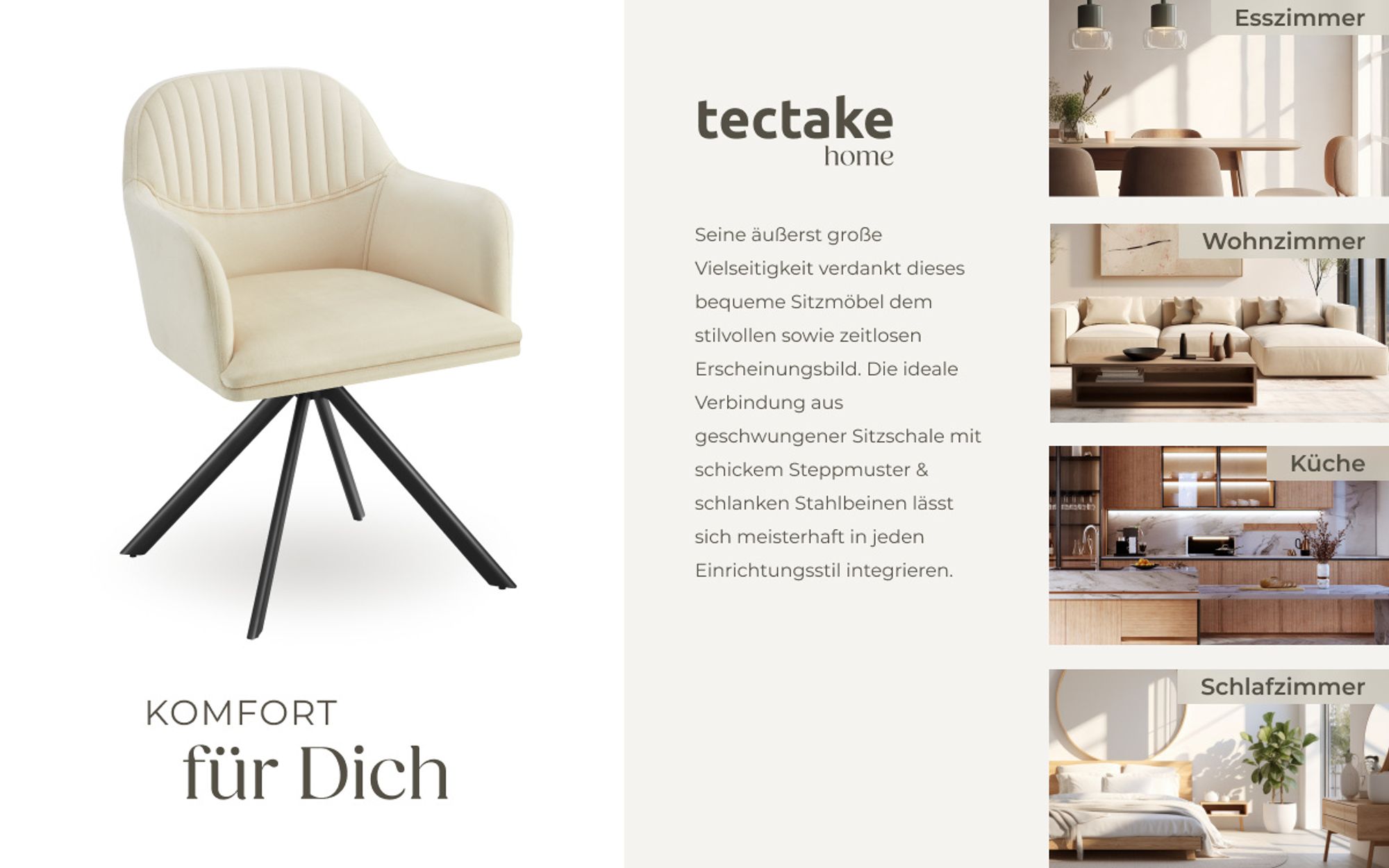 tectake® Samt-Drehstuhl Lona gepolstert 56 x 59 x 81 cm