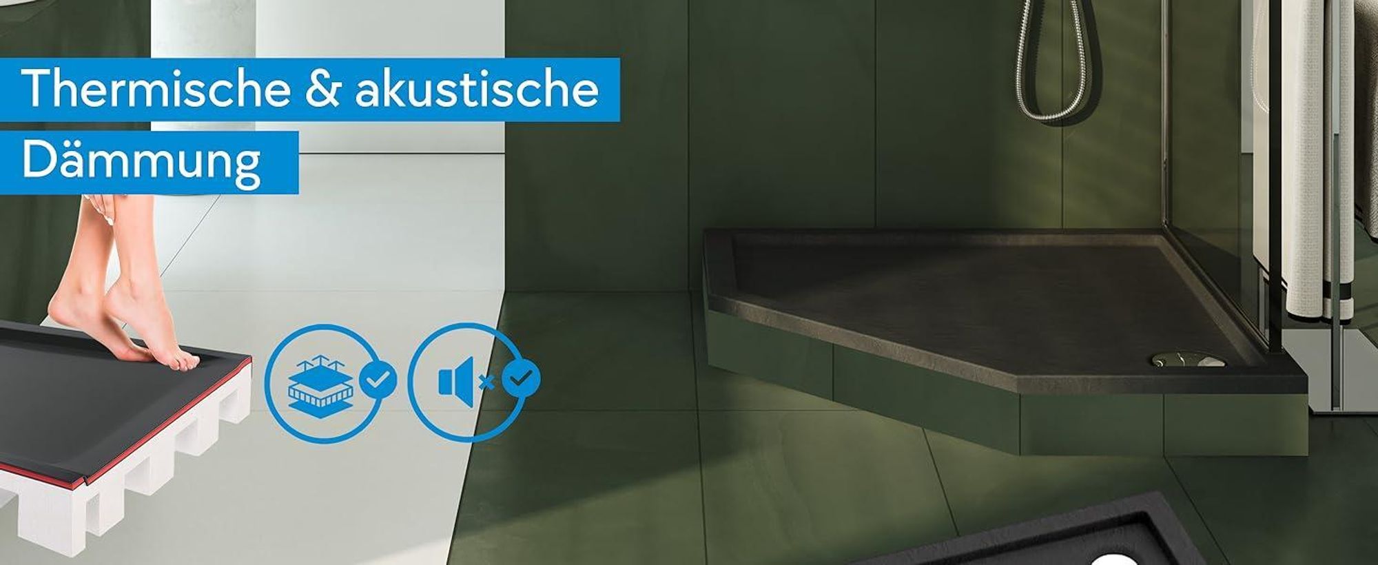 AQUABAD® Duschwanne Komplettset Basic Black Stone 90x90cm Fünfeck inkl. Styroporträger und Ablaufgarnitur Alcadrain A49CR