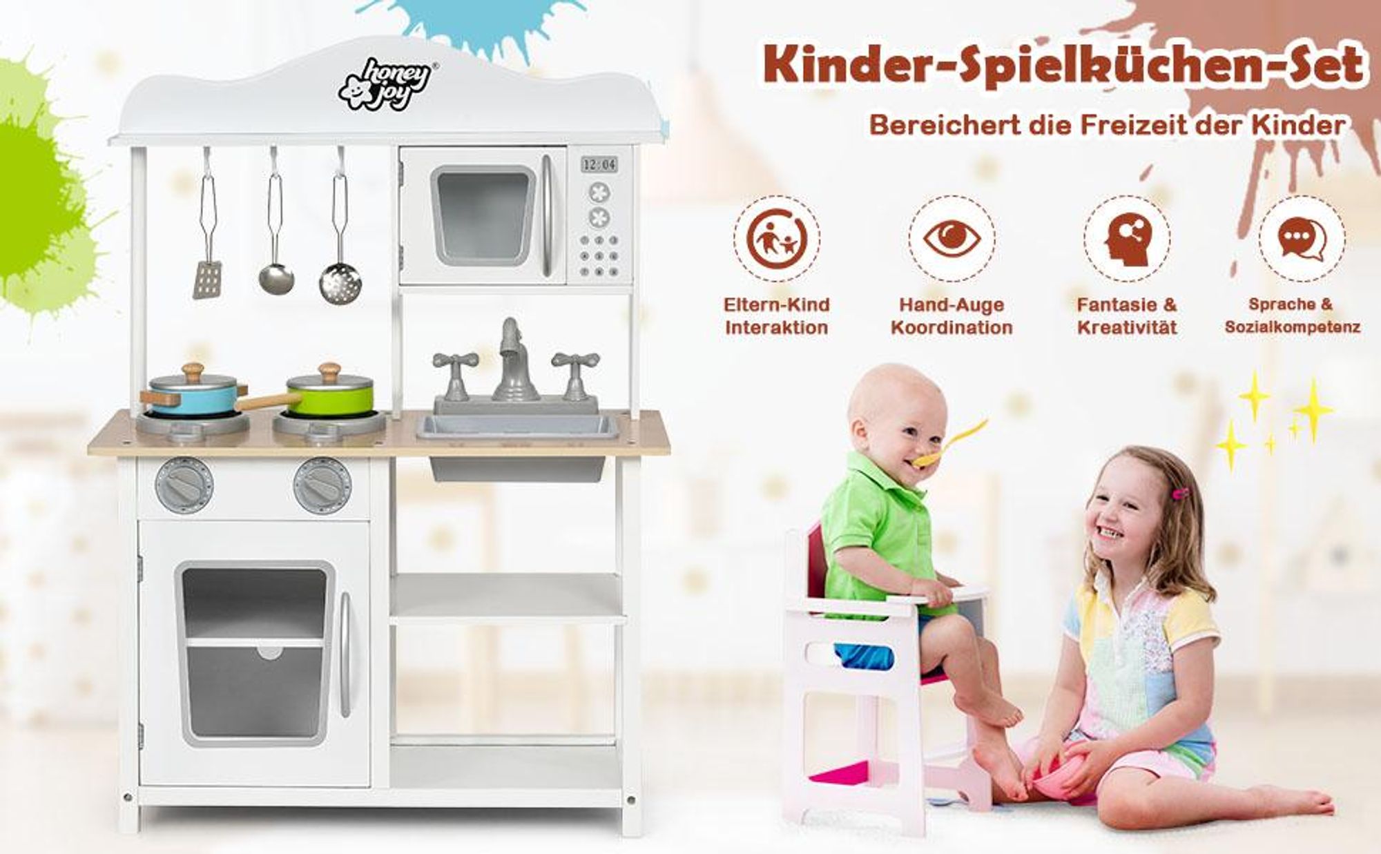COSTWAY Kinderküche Holz, Kinder Spielküche mit Zubehör, Spielzeugküche Holzküche mit Spüle Backofen Mikrowelle & Herd, Küche-Set Weiß