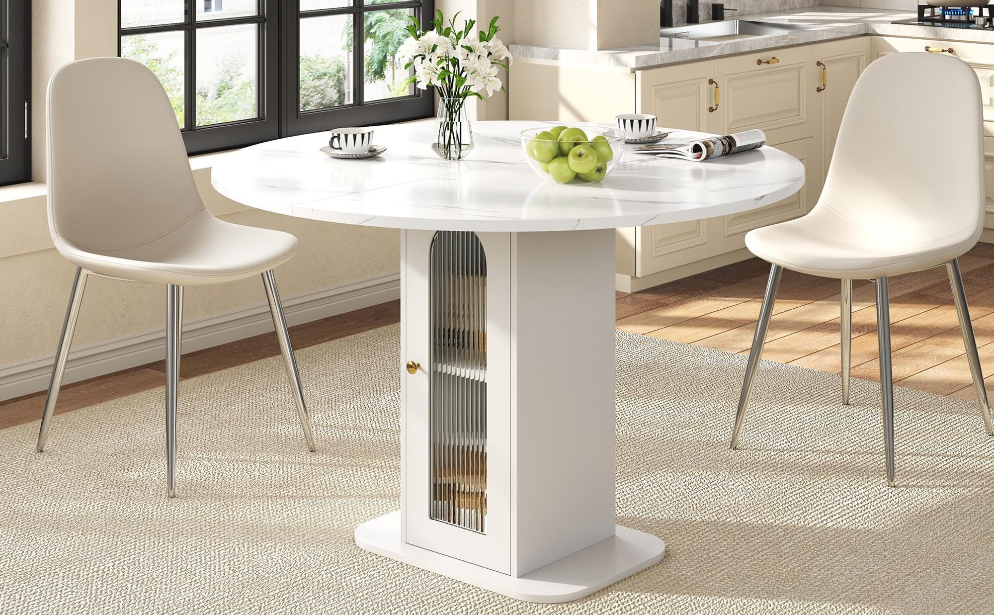 Merax Runder Esstisch Mit Stauraum, Küchentisch 80x80cm Mit Riffelglas Tür & Regal, Kleiner Esstisch Im Marmordesign Für 2-4 Personen, Weiß