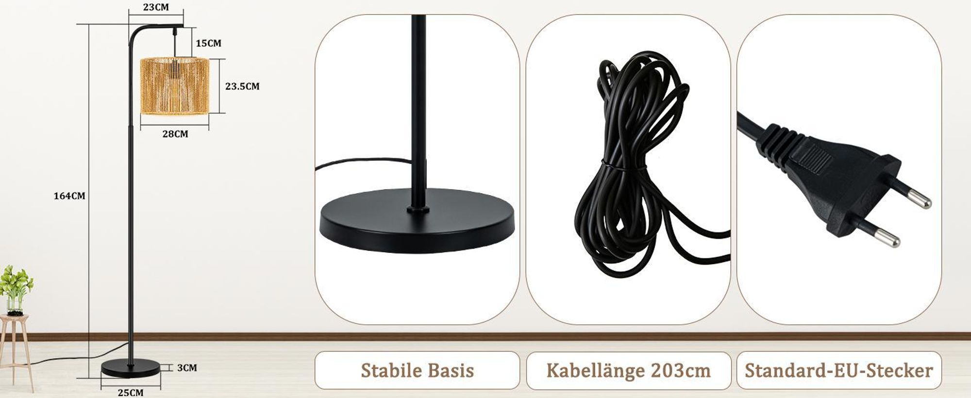 Lampa stojąca ZMH w stylu boho do salonu, z kloszem z liny, czarna, z przełącznikiem nożnym, gwint E27, wysokość 164 cm, do sypialni i jadalni