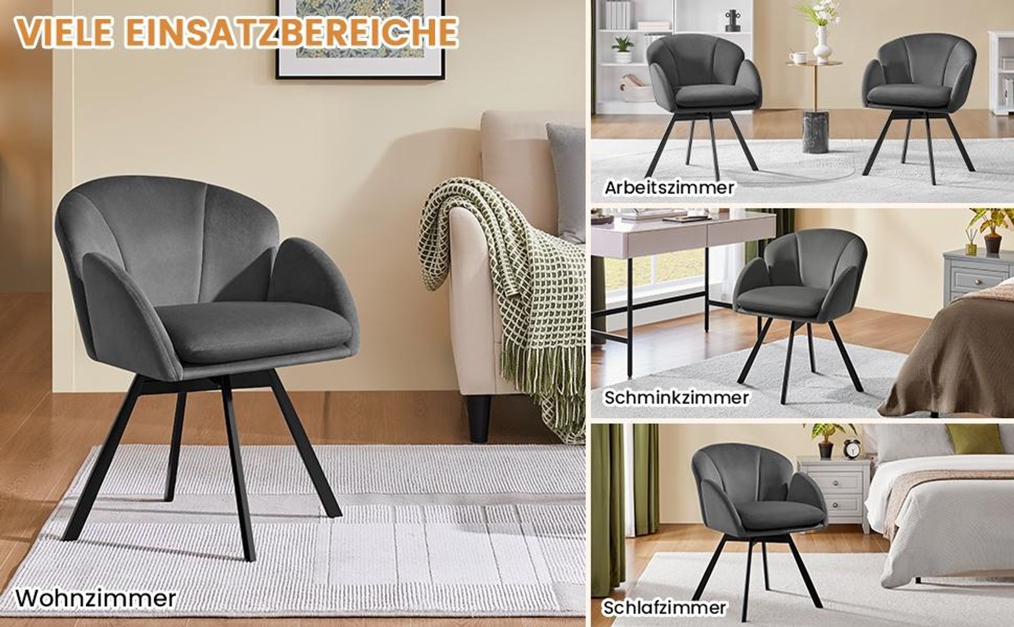Yaheetech Schreibtischstuhl drehbar, samtiger Bürostuhl Drehstuhl mit doppeltem Sitzkissen, Schminktisch Stuhl, Schwarz