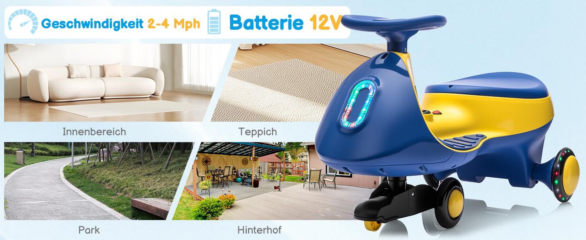 Kinder-Elektroauto 12V, Elektrisches Rutschauto mit Pedal, 2 Geschwindigkeiten und Kippschutz, Bluetooth, für Kinder ab 3 Jahren, Blau & Gelb