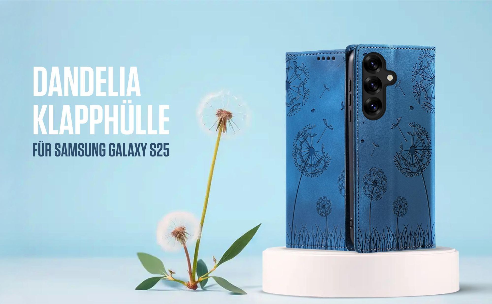Blaue Klapphülle für Samsung Galaxy S25 mit feiner Löwenzahn Prägung