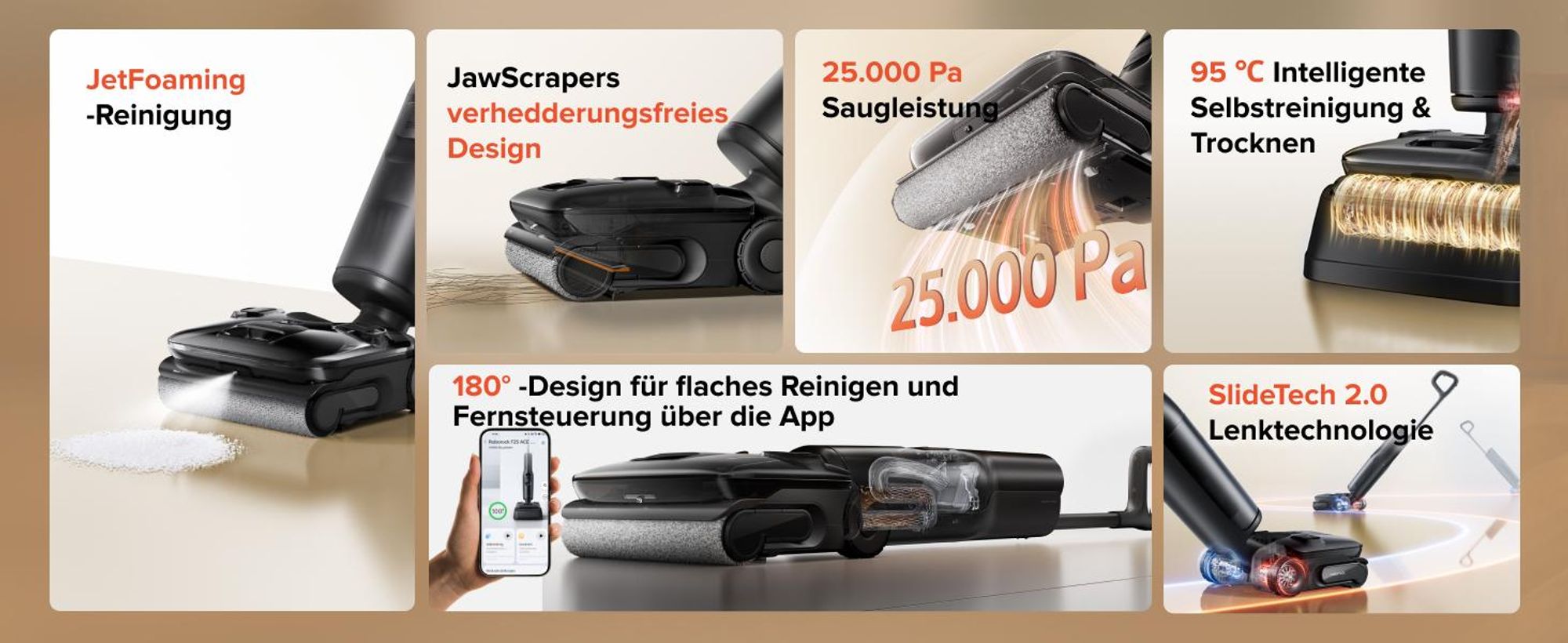 Roborock F25 ACE Pro Nass Trockensauger, 25000Pa, JetFoaming gegen Flecken, Anti-Haar-Verwicklung, 180° Flach-Design, Heißwasser-Selbstreinigung