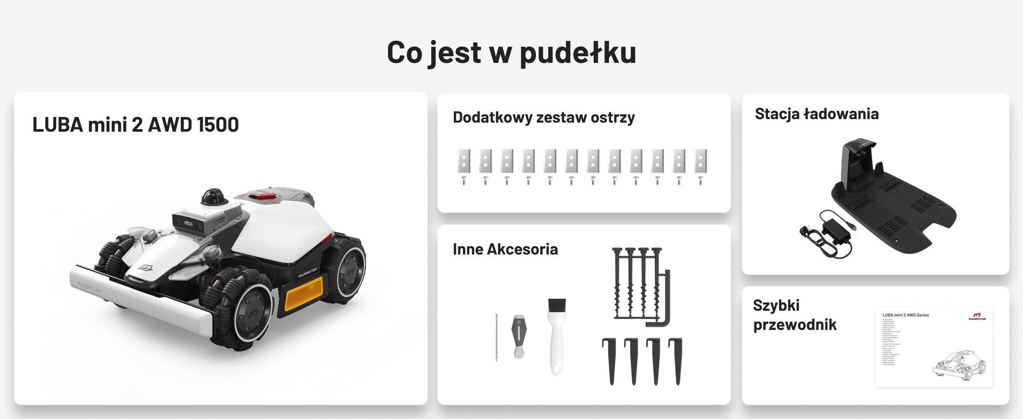 Robotická sekačka Mammotion LUBA Mini 2 AWD 1500, bez kabelu, do 1500 m², sekání okrajů, DropMow, mapování, 4G modul, APP