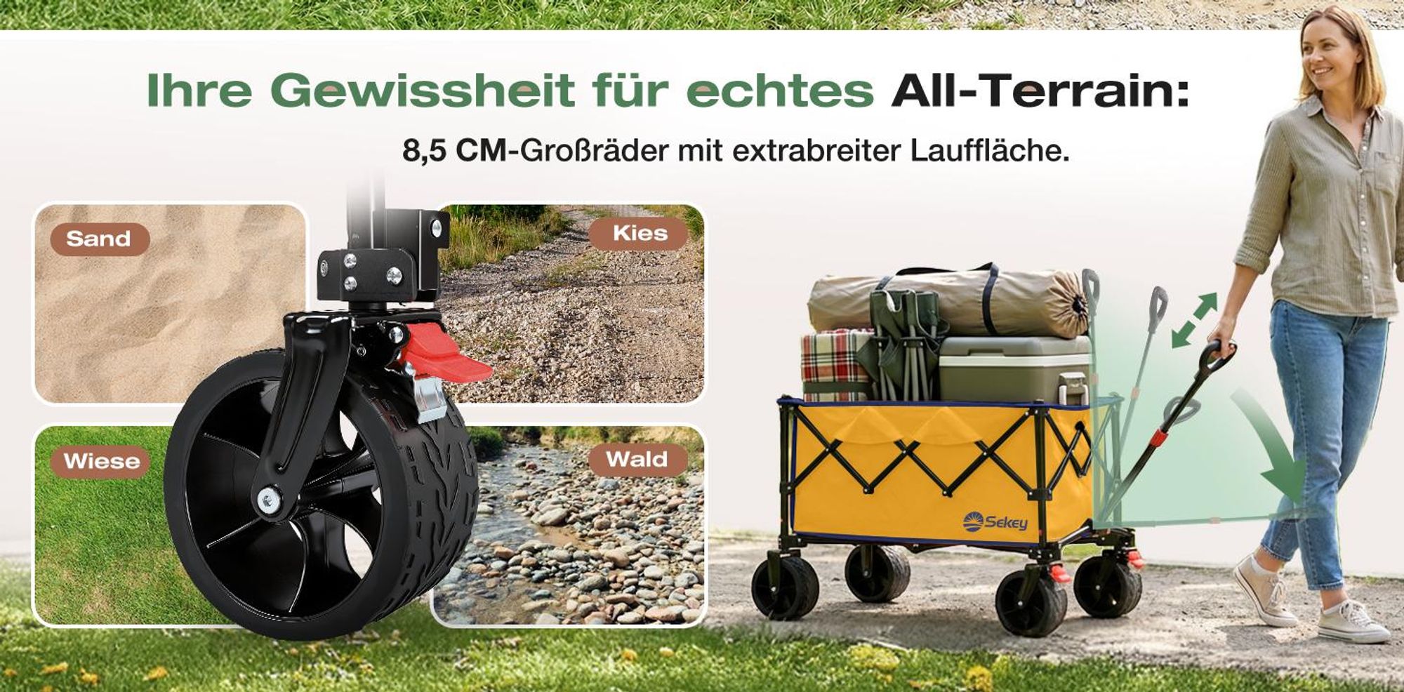 Sekey Faltbar Bollerwagen Klappbar Handwagen Gartenwagen 150kg Tragekraft Transportwagen, Gelb