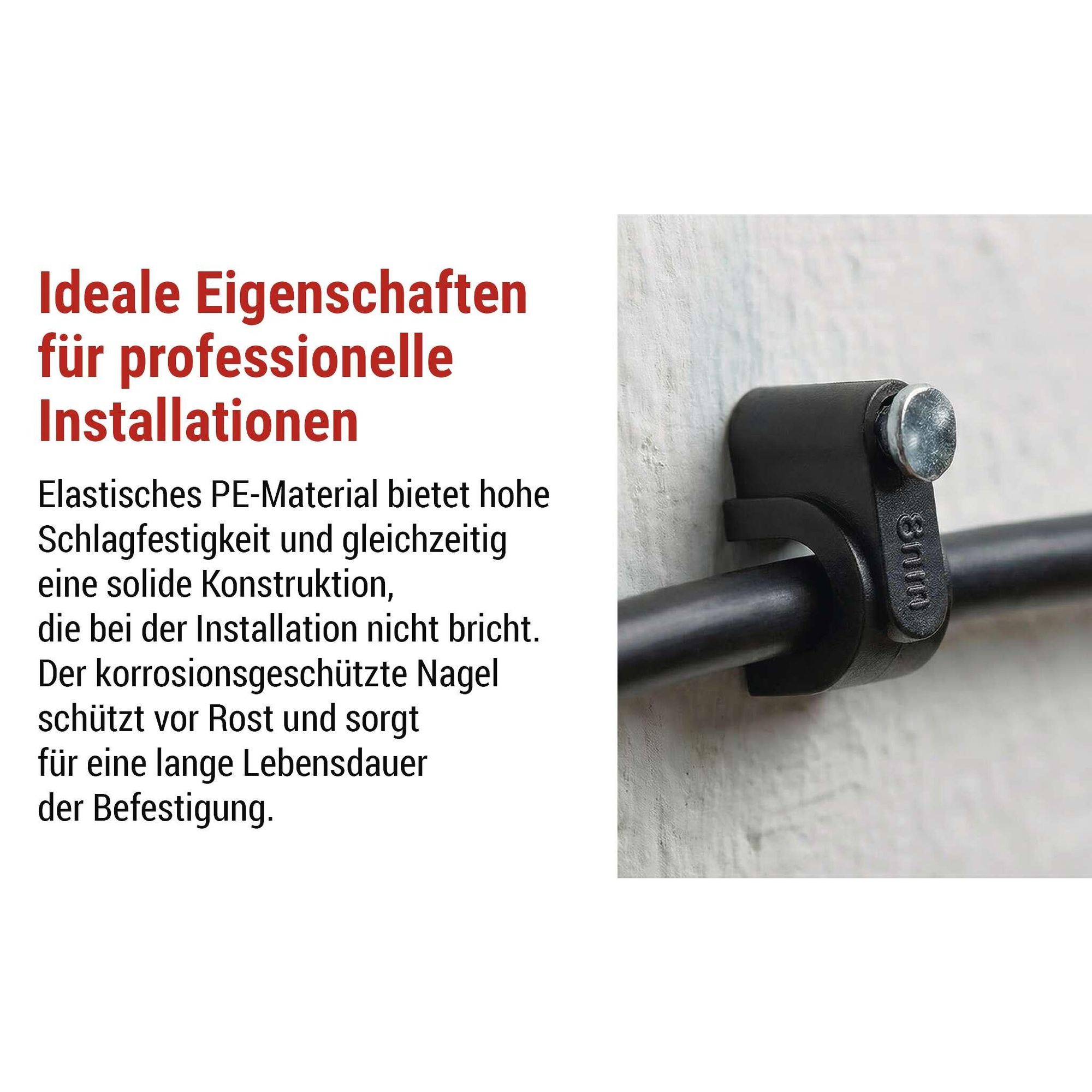 EMOS 50 Stück Kabelschellen mit Nagel, für Ø 8 mm, bruchfester PE-Kabelhalter mit Stahlnagel für Außen, rostfrei, -40–80°C, UV-Schutz, schwarz, A2823