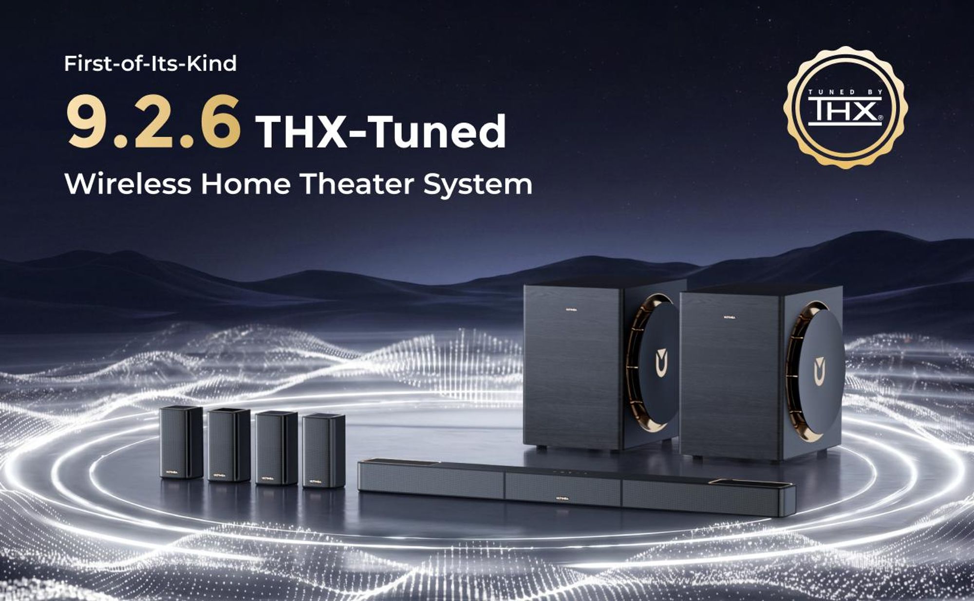 ULTIMEA Skywave X100 Dual 9.2.6, soundbar s technológiami Dolby Atmos & DTS:X, optimalizovaná spoločnosťou THX, s 2 subwoofermi o veľkosti 10 palcov, výkonom 2000 W, podporou 8K a bezdrôtovým pripojením
