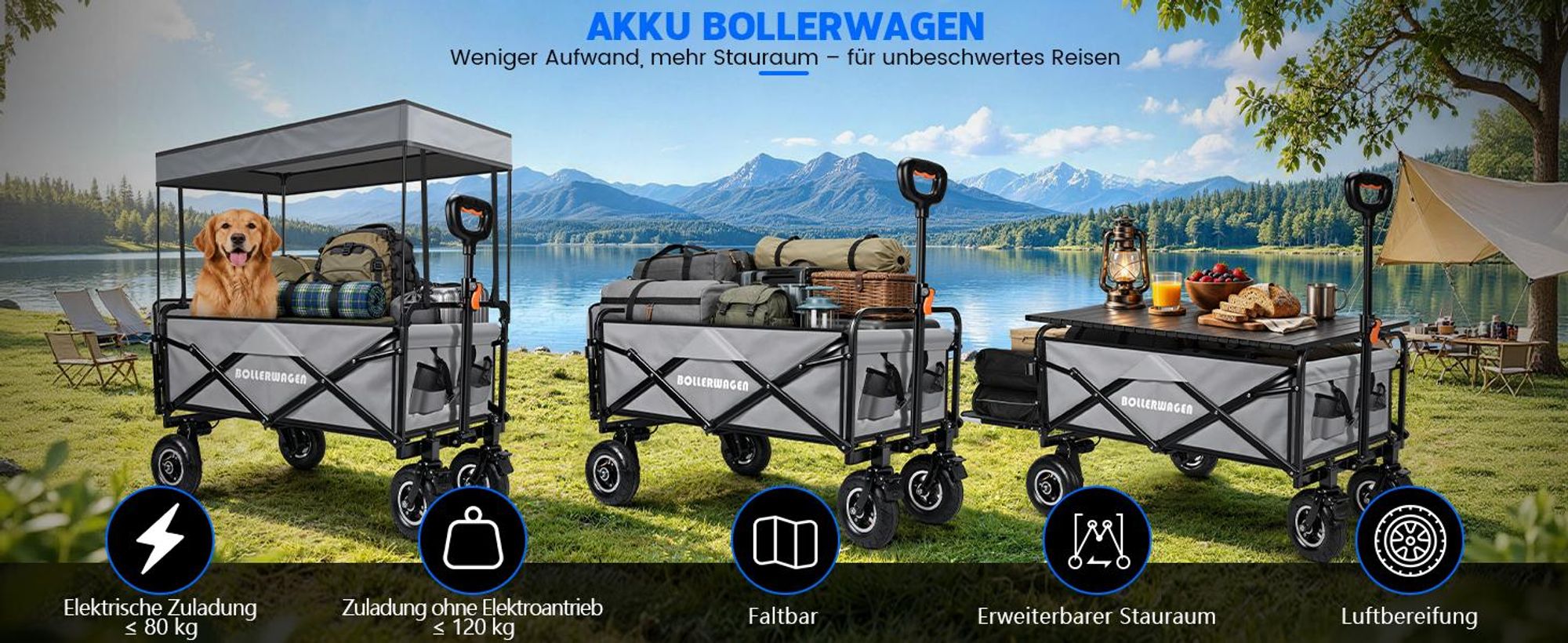 Elektro Bollerwagen mit Schutzdach & Luftbereifung | 2×2,0AH Akku & 2×50W Motor |240L 120KG| für Makita Akku | Faltbollerwagen für Camping Einkauf