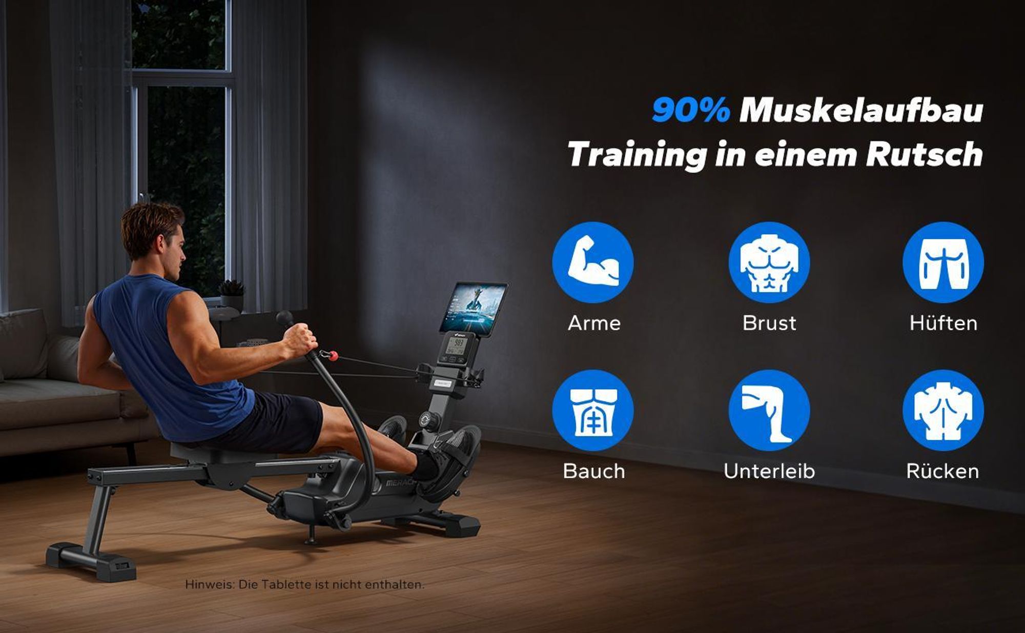 Magnetisches Rudergerät 36 kg Widerstand, 7 Modi, bis 158 kg, ergonomischer Sitz, LCD & Tablet-Halter, Bluetooth & Kinomap, App & Kurse, leise