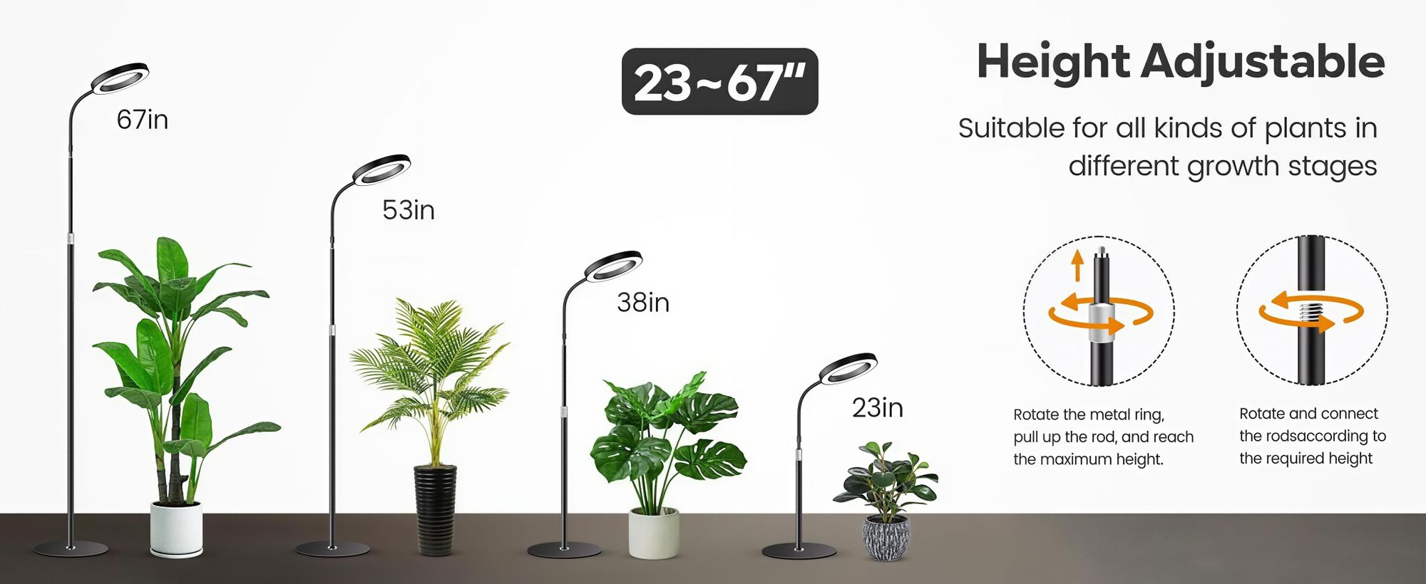 LED Pflanzenlampe Vollspektrum,72 LEDs,58-170cm Verstellbarem Stab,3 Beleuchtungsmodi,10 Helligkeitsstufen,Timer 3/9/12H,360°Winkelverstellung,Dimmbar