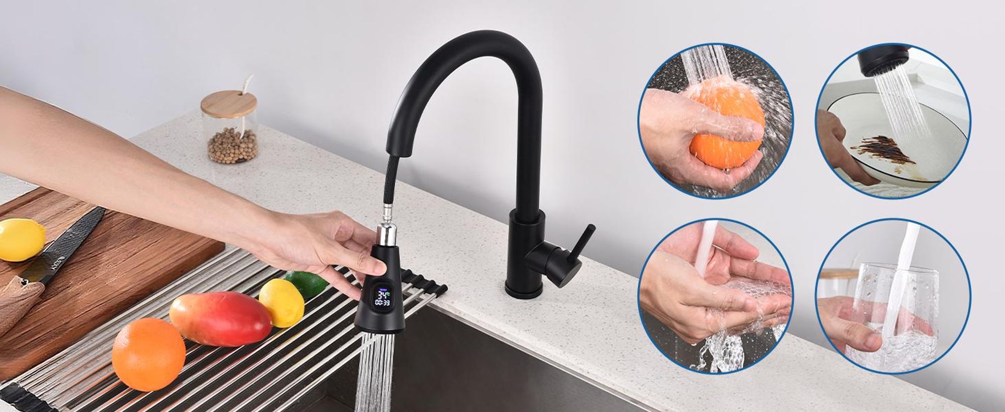 Homelody Wasserhahn Küche mit 2 Strahlarten,360° Drehbar Küchenarmatur,Edelstahl Spültischarmatur,Hochdruck Armatur,Mischbatterie Küche Schwarz