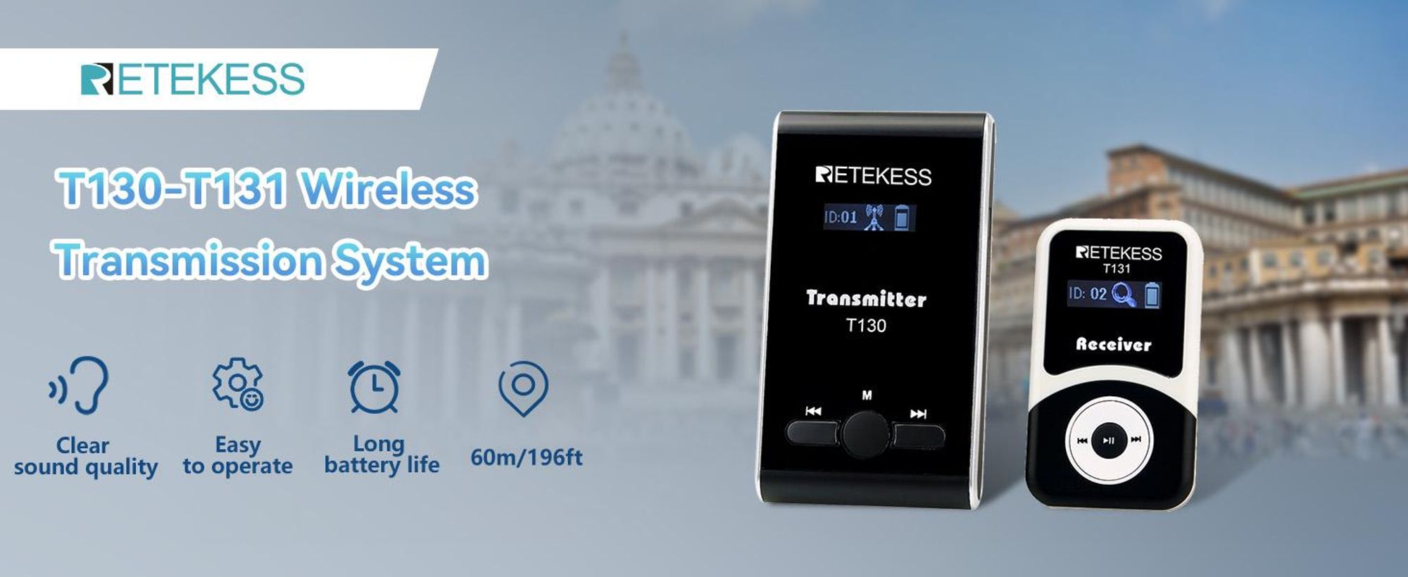 Retekess T130 Sistema Audioguida per Viaggi in Pullman, 99 Canali,60m, PLL,12Ore Sistema Cuffie Senza Fili per Guide, Sistema per Guide Turistiche