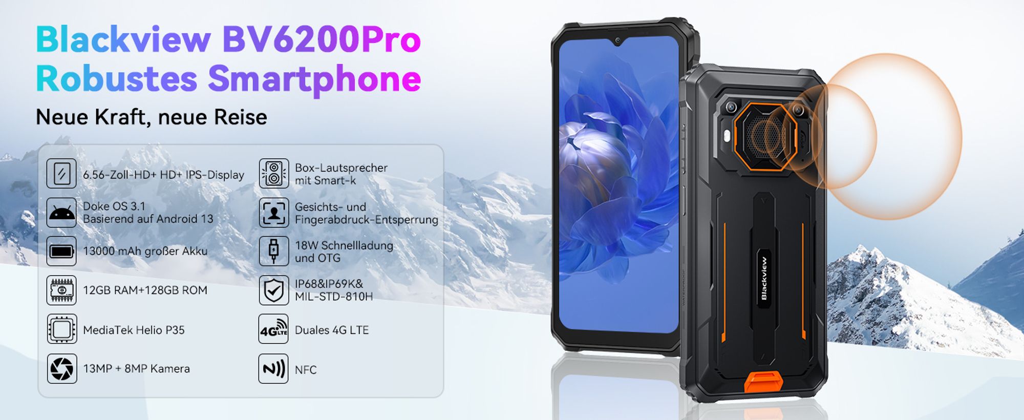 Blackview BV6200 Pro(12GB+128GB) Outdoor Handy Ohne Vertrag, 13000mAh Akku, Helio P35, Super loud 3W Speaker, Octa Core, 13MP+8MP, 18W Fast Charging