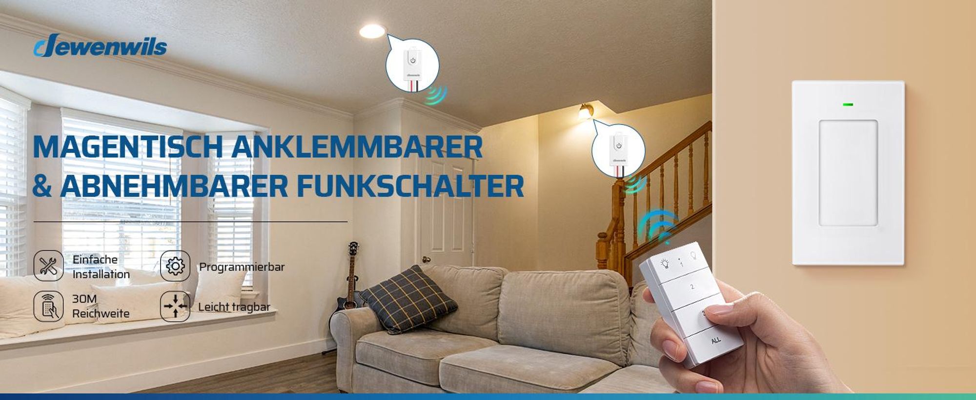 DEWENWILS Funkschalter 2er Set, Wandschalter, Funk Wandsender Licht, 3000W, Weiß