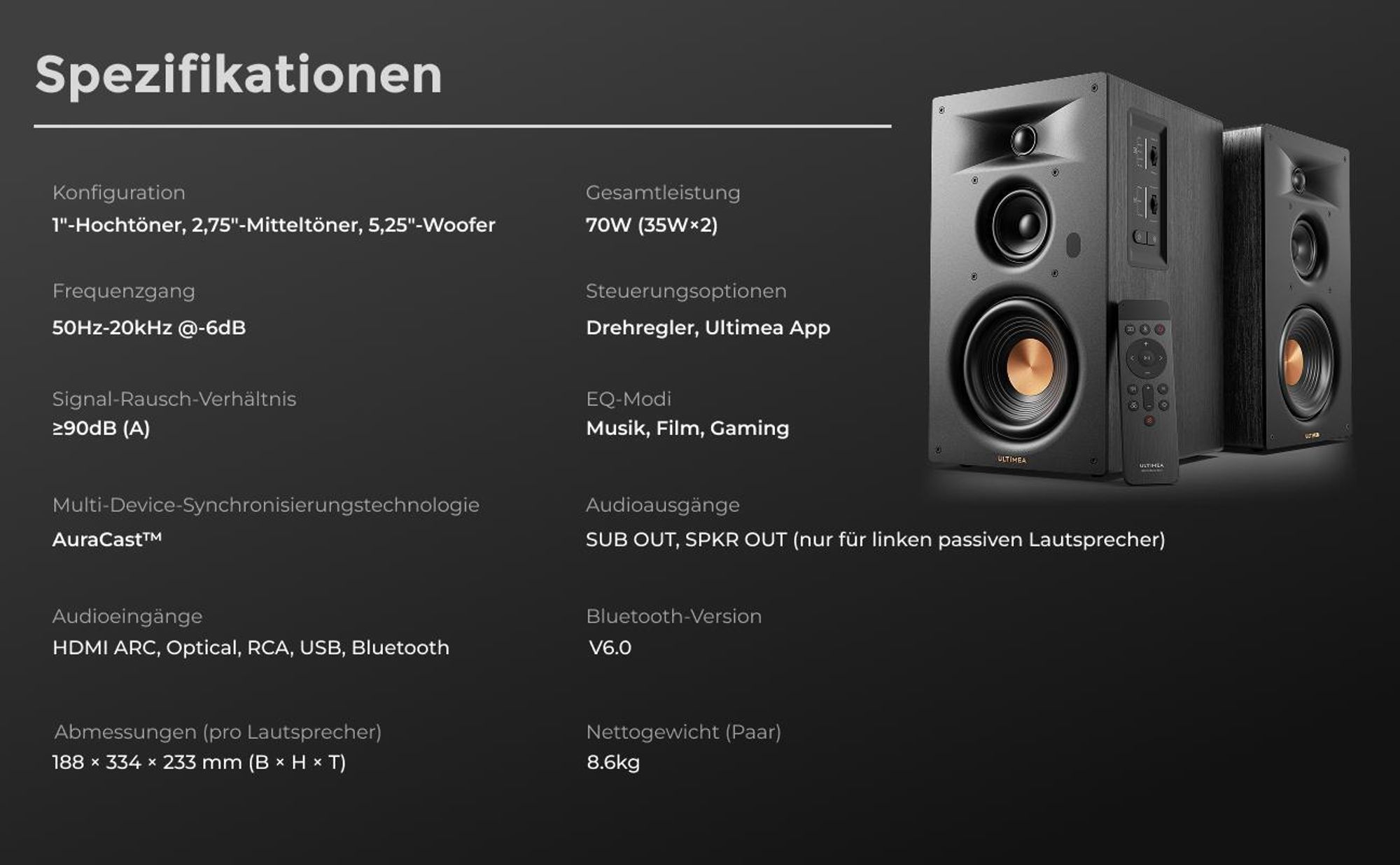 ULTIMEA BS-3 Aktivlautsprecher 3-Wege Regallautsprecher mit 5,25" Tieftöner, Bluetooth 6.0, HDMI ARC/Optisch/USB, Auracast, App-Steuerung, 70W RMS