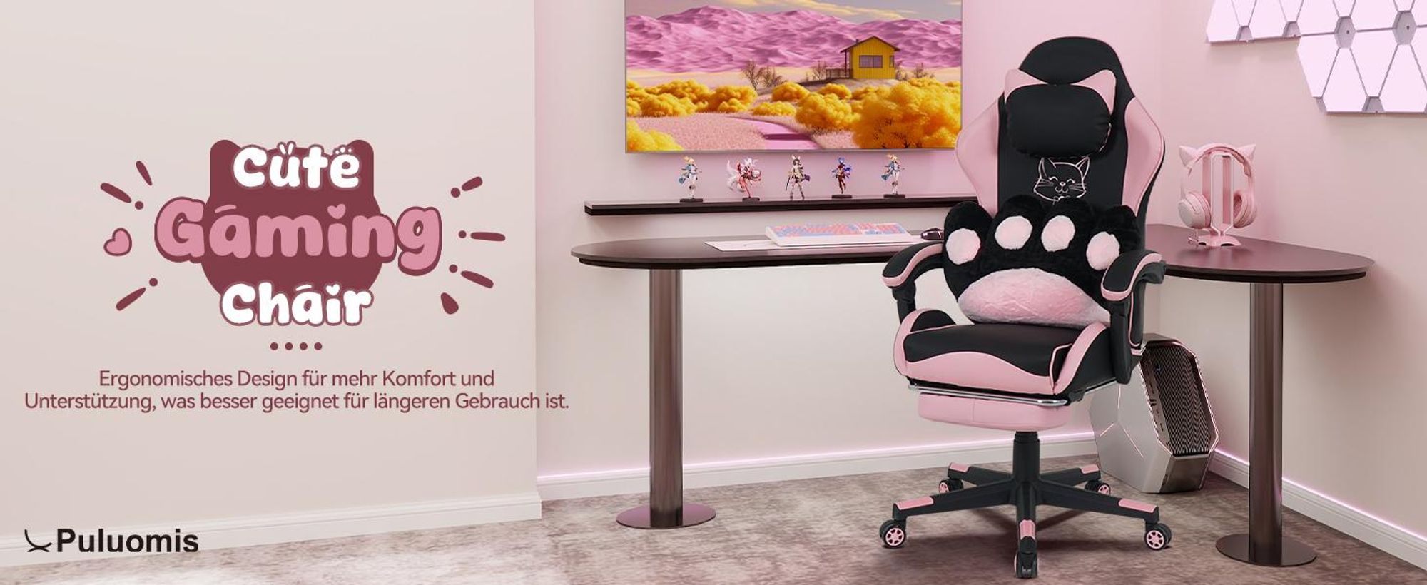 Puluomis Gaming Stuhl mit Fußstütze, Bürostuhl Chefsessel Schreibtischstuhl Racing Stuhl ergonomisch drehbar höhenverstellbar Katze Schwarz Pink