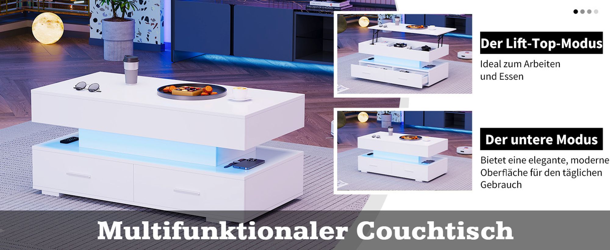 Merax Couchtisch mit LED und Schubladen, Kaffeetisch mit APP Steurung, Beistelltisch mit ausziehbarer Tischplatte, Wohnzimmertisch 100x50x44cm, Weiß