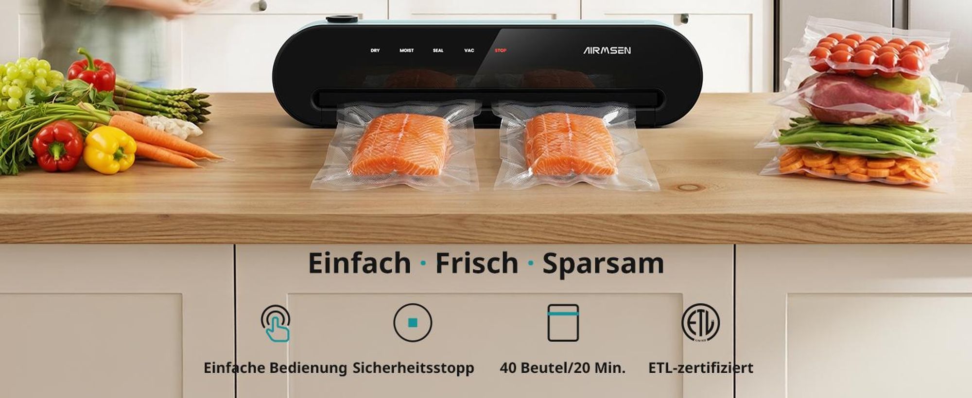 AIRMSEN Vakuumiergerät, vollautomatisches Versiegelungsgerät, 120W,30cm Versiegelungsbreite, inklusive 10Vakuumbeuteln und eingebautem Beutelschneider