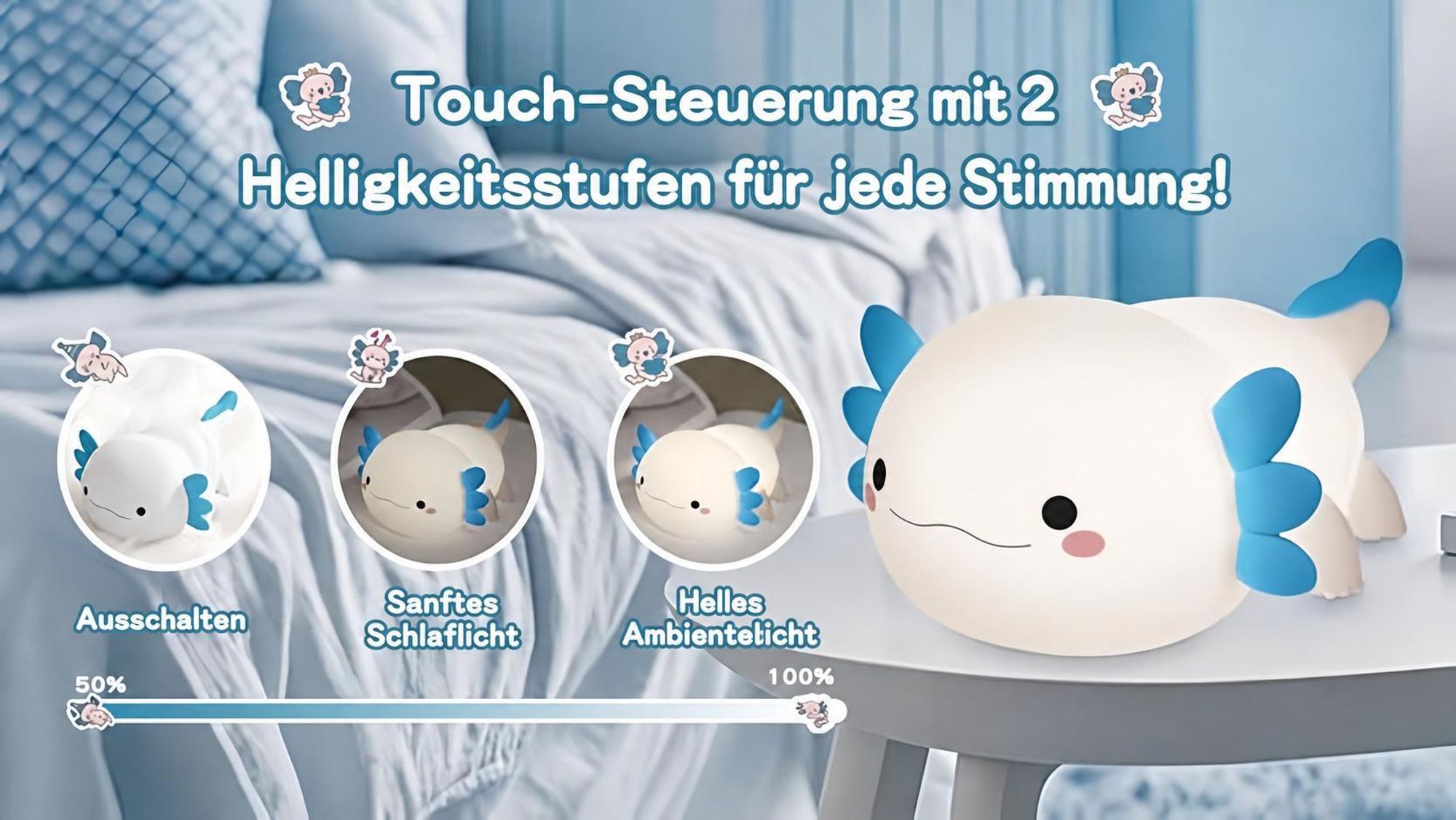LED Axolotl Nachtlicht,Verstellbares Silikon -Nachtlicht,USB -Ladebett -Nachttischlampen,Berührungssteuerung,Geschenk mit Timer,Babyzimmerdekor,Blau