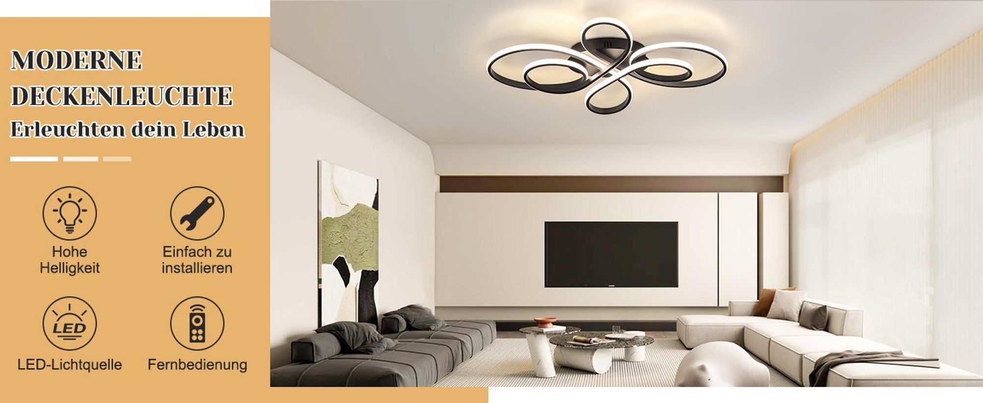 ZMH LED Deckenleuchte Schwarz Deckenlampe 80CM Dimmbar mit Fernbedienung 78W Moderne Kreative Lampe für Wohnzimmer Schlafzimmer Esszimmer Büro Küche